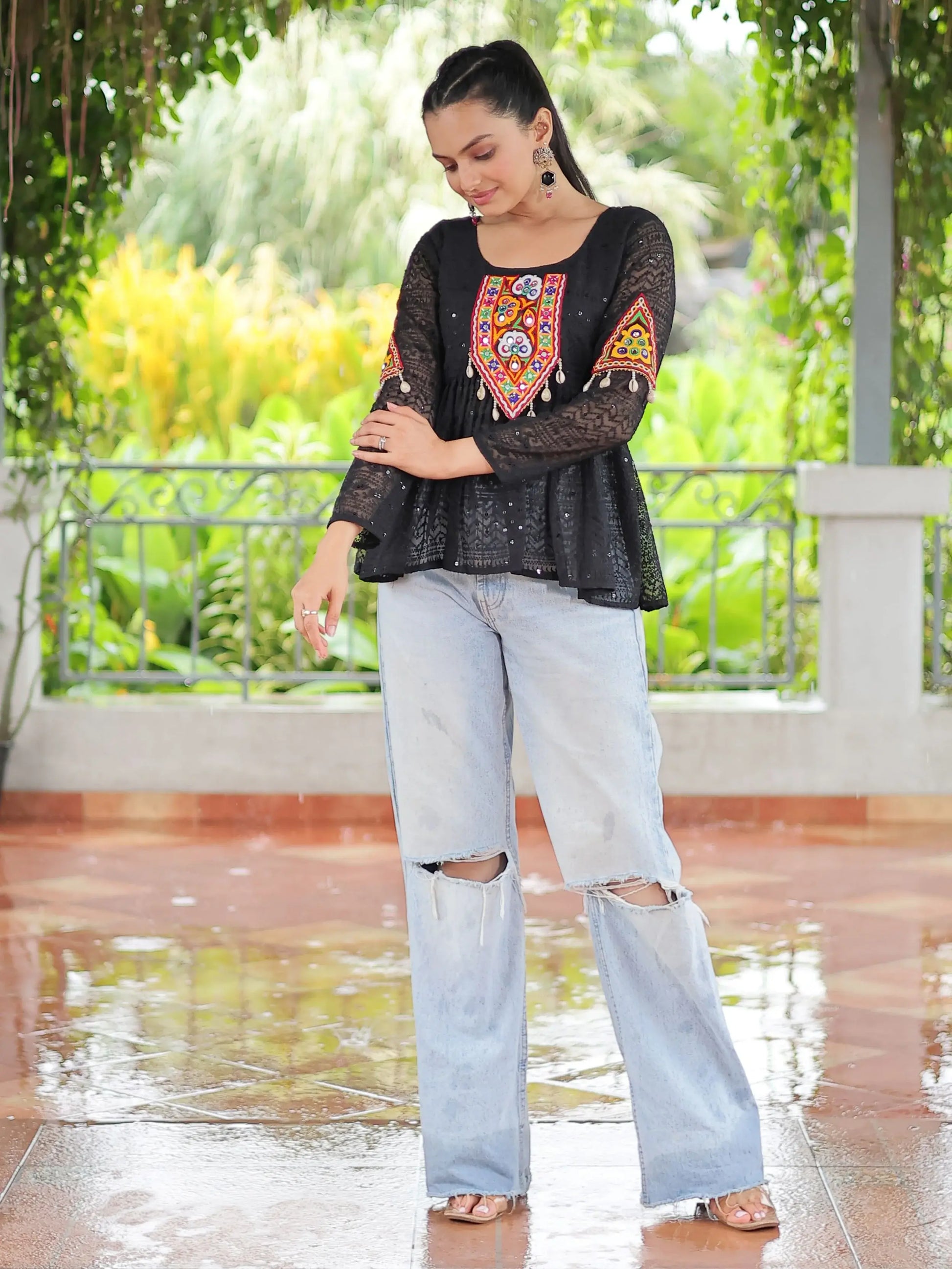 Alluring Black Gamthi Work Georgette Navratri Special Peplum Style Top - Zeel Clothing