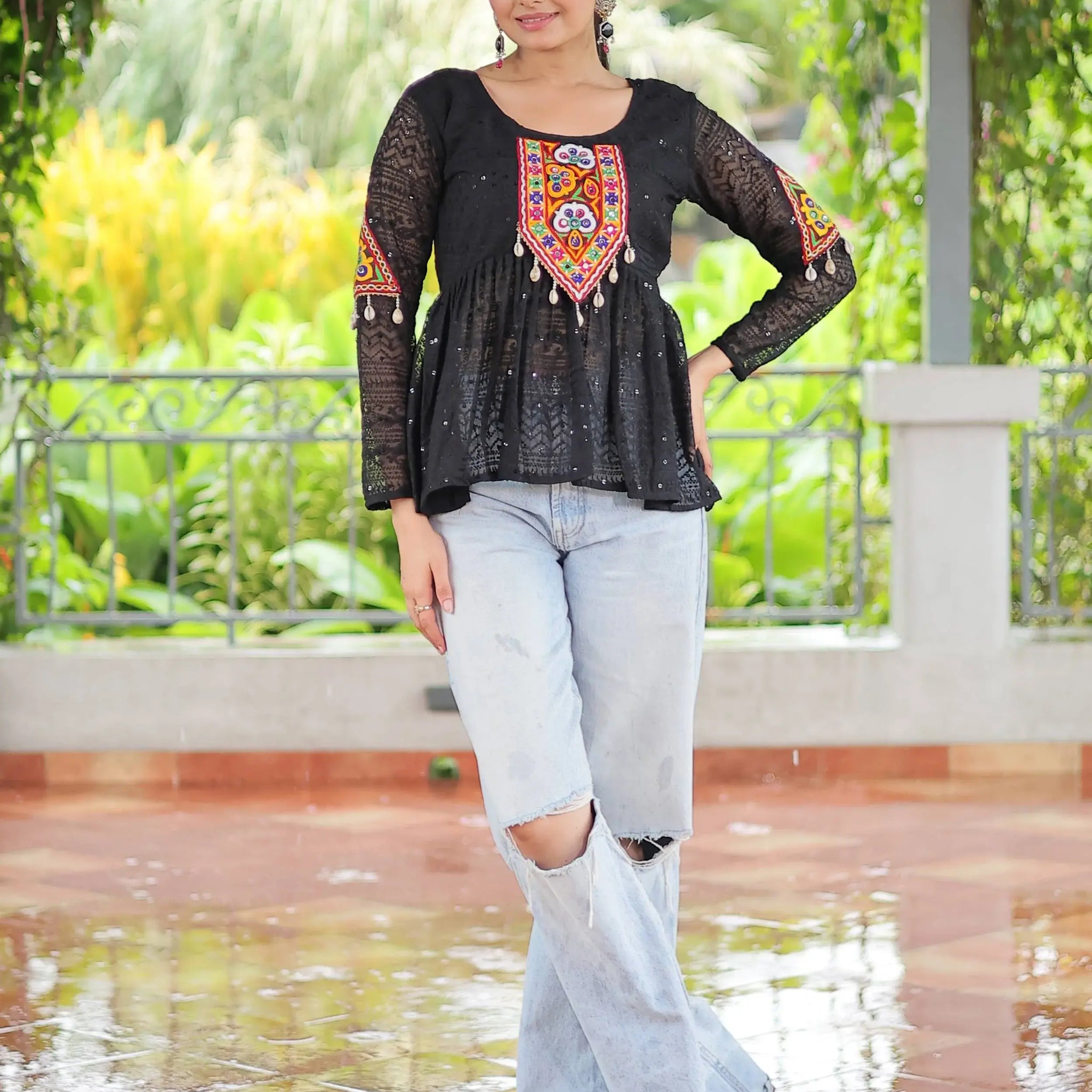 Alluring Black Gamthi Work Georgette Navratri Special Peplum Style Top - Zeel Clothing