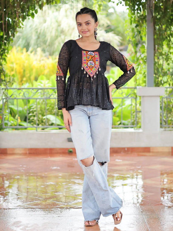 Alluring Black Gamthi Work Georgette Navratri Special Peplum Style Top - Zeel Clothing