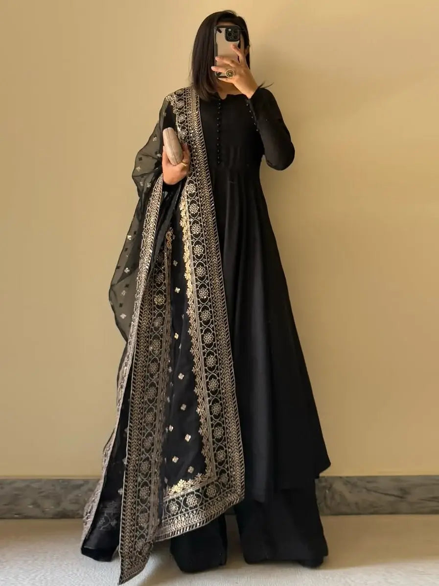 Alluring Black Georgette Party Wear Anarkali Suit With Embroidered Dupatta - Zeel Clothing