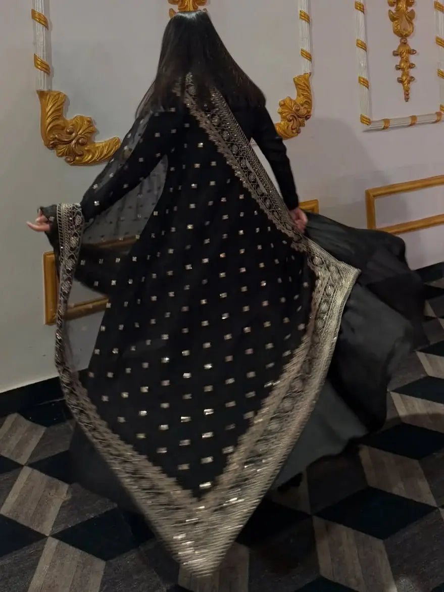 Alluring Black Georgette Party Wear Anarkali Suit With Embroidered Dupatta - Zeel Clothing