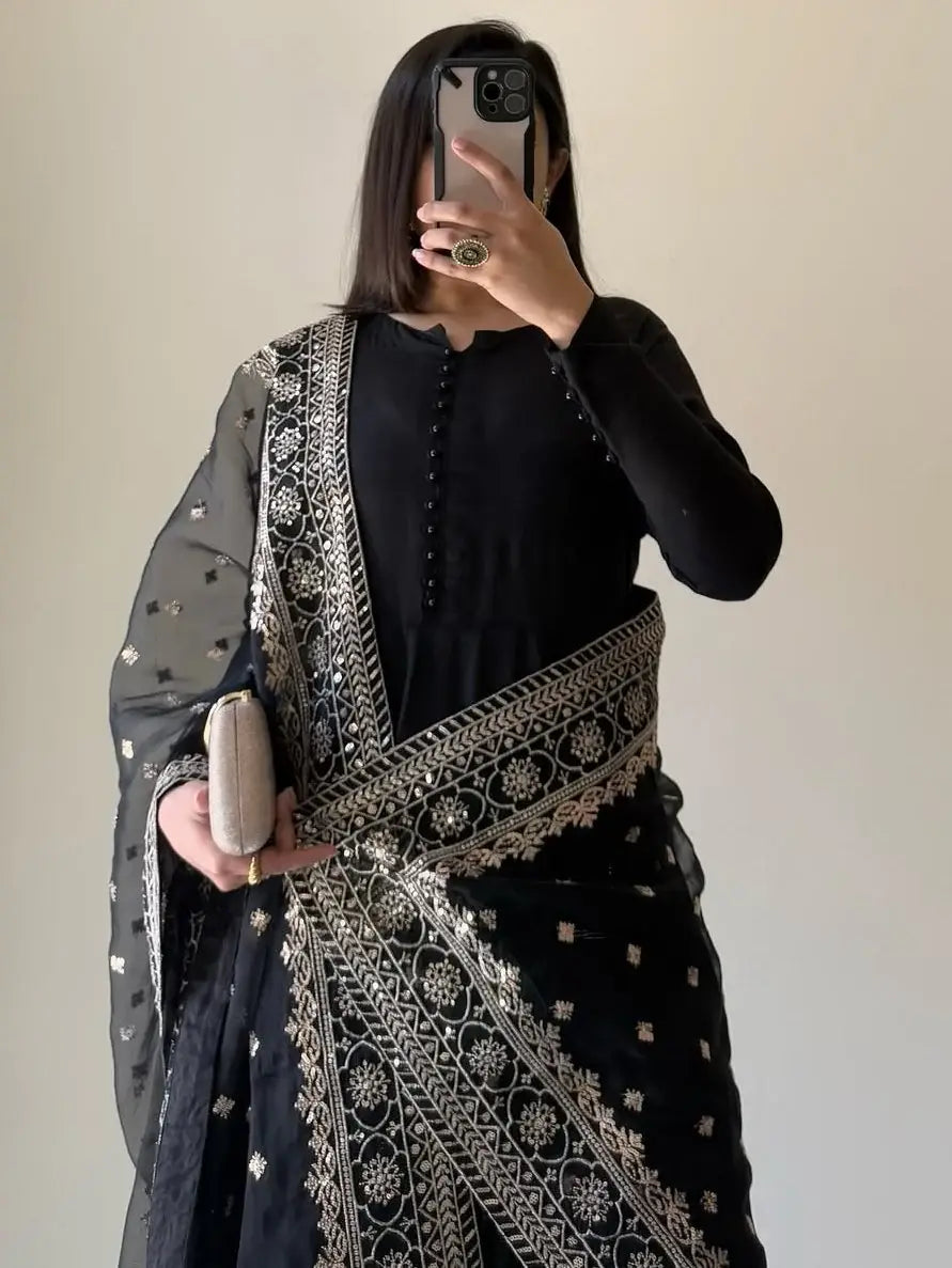 Alluring Black Georgette Party Wear Anarkali Suit With Embroidered Dupatta - Zeel Clothing