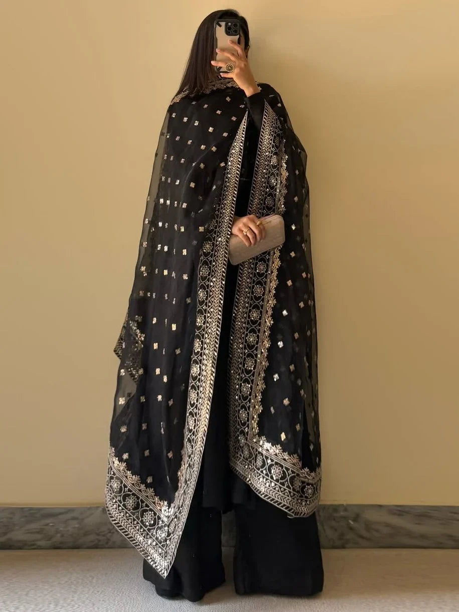 Alluring Black Georgette Party Wear Anarkali Suit With Embroidered Dupatta - Zeel Clothing
