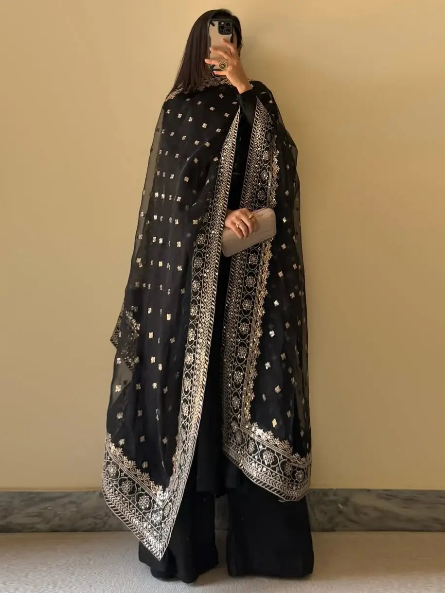 Alluring Black Georgette Party Wear Anarkali Suit With Embroidered Dupatta - Zeel Clothing