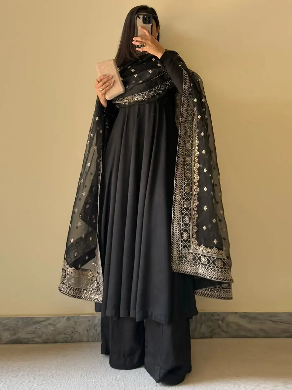 Alluring Black Georgette Party Wear Anarkali Suit With Embroidered Dupatta - Zeel Clothing