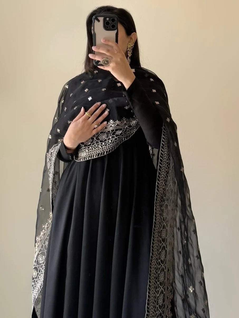 Alluring Black Georgette Party Wear Anarkali Suit With Embroidered Dupatta - Zeel Clothing