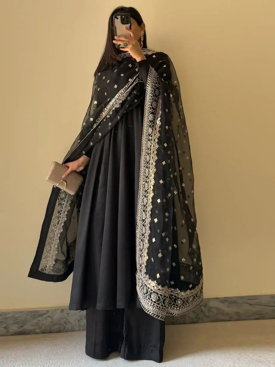 Alluring Black Georgette Party Wear Anarkali Suit With Embroidered Dupatta - Zeel Clothing