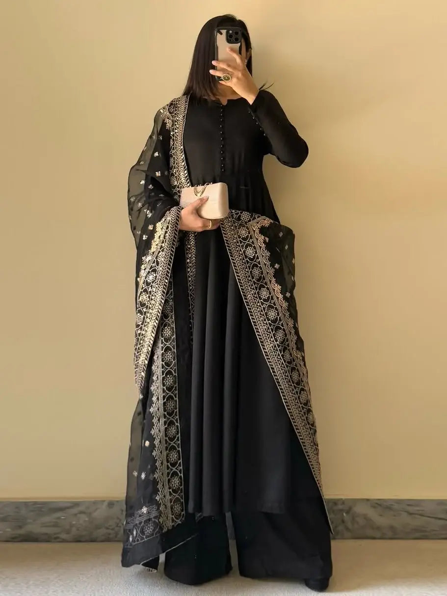 Alluring Black Georgette Party Wear Anarkali Suit With Embroidered Dupatta - Zeel Clothing