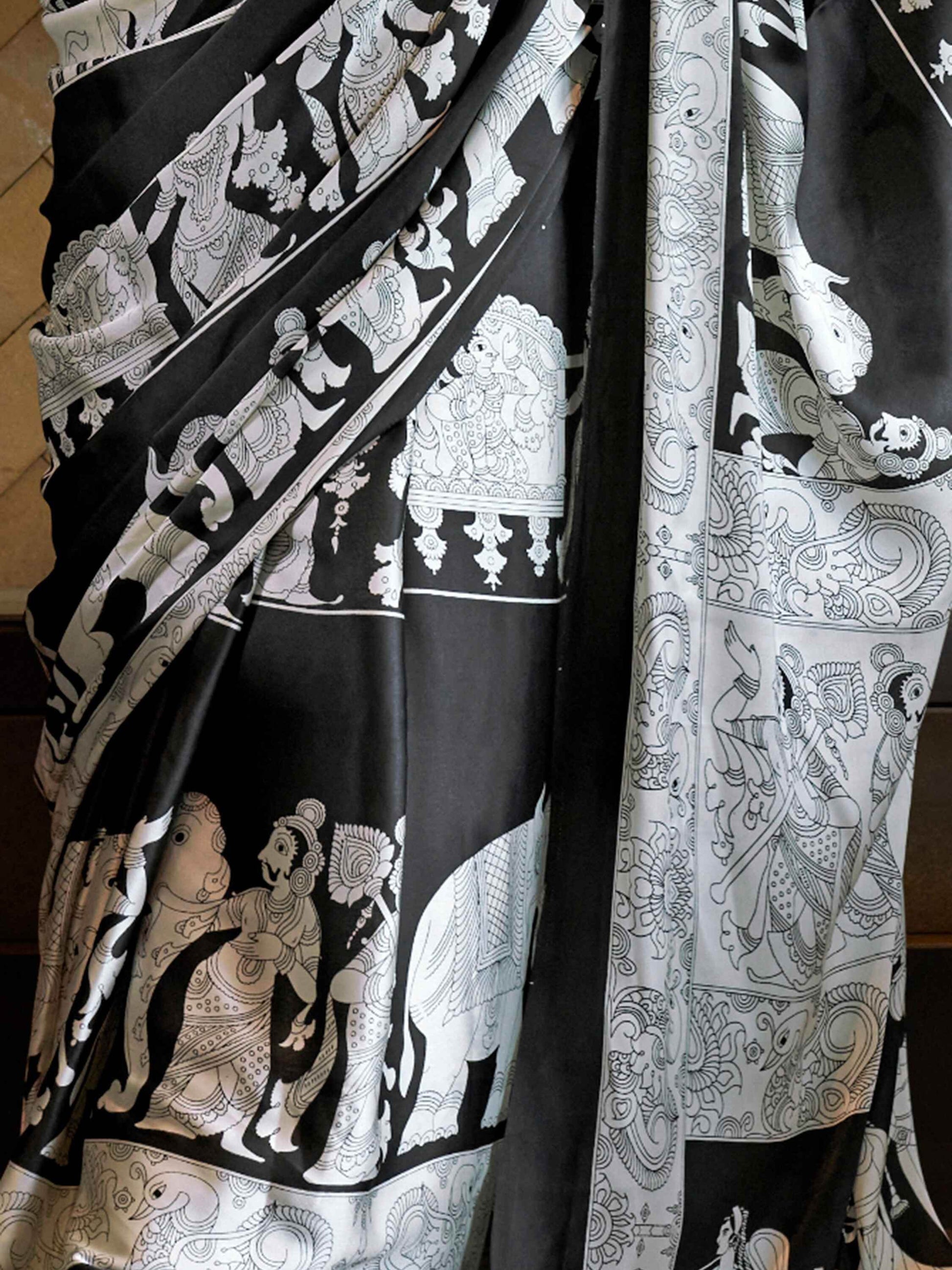 Alluring Black Kalamkari Print Satin Traditional Saree With Blouse - Zeel Clothing
