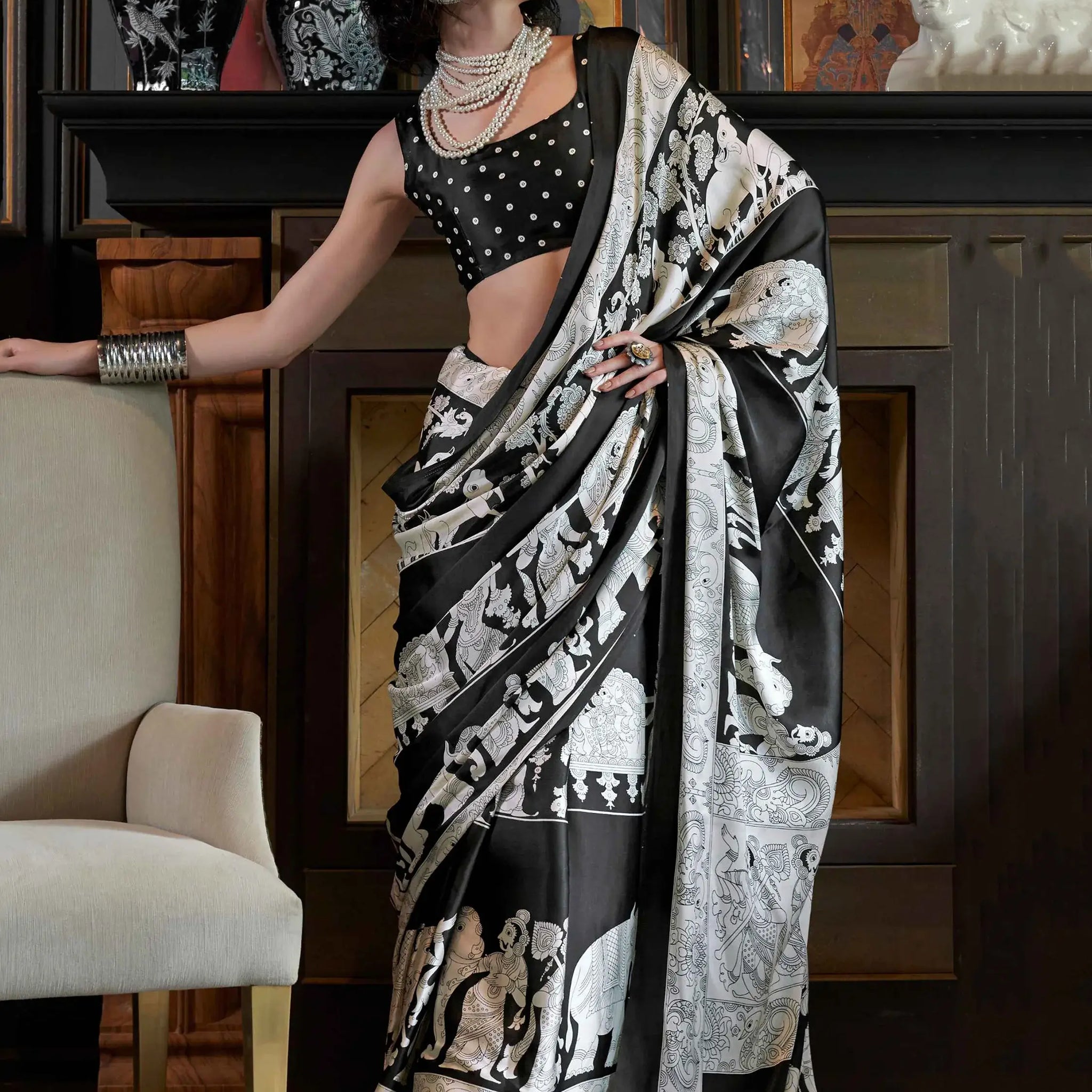 Alluring Black Kalamkari Print Satin Traditional Saree With Blouse - Zeel Clothing