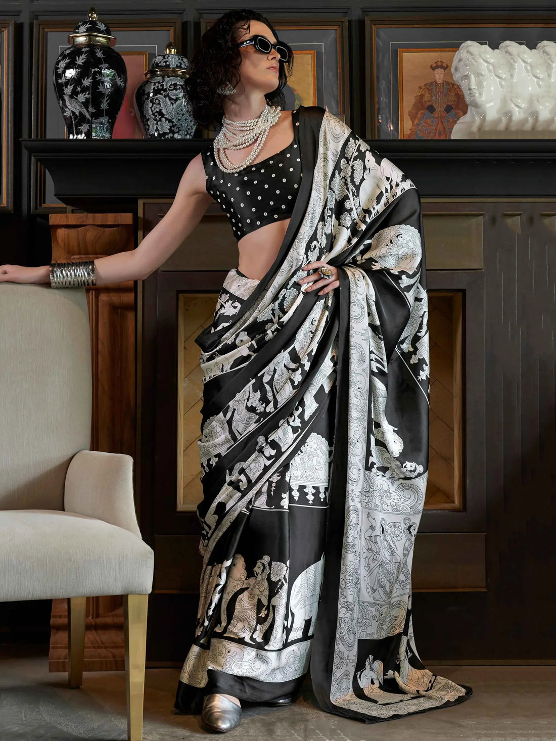 Alluring Black Kalamkari Print Satin Traditional Saree With Blouse - Zeel Clothing