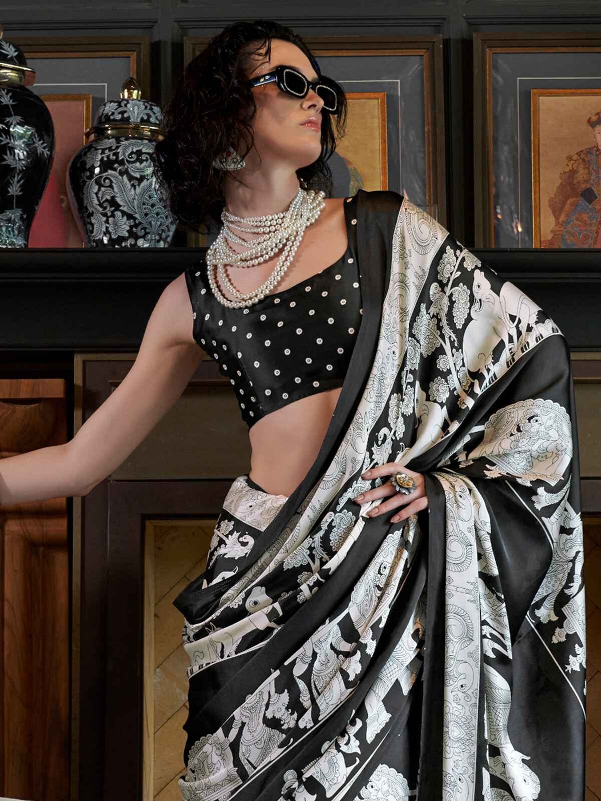 Alluring Black Kalamkari Print Satin Traditional Saree With Blouse - Zeel Clothing