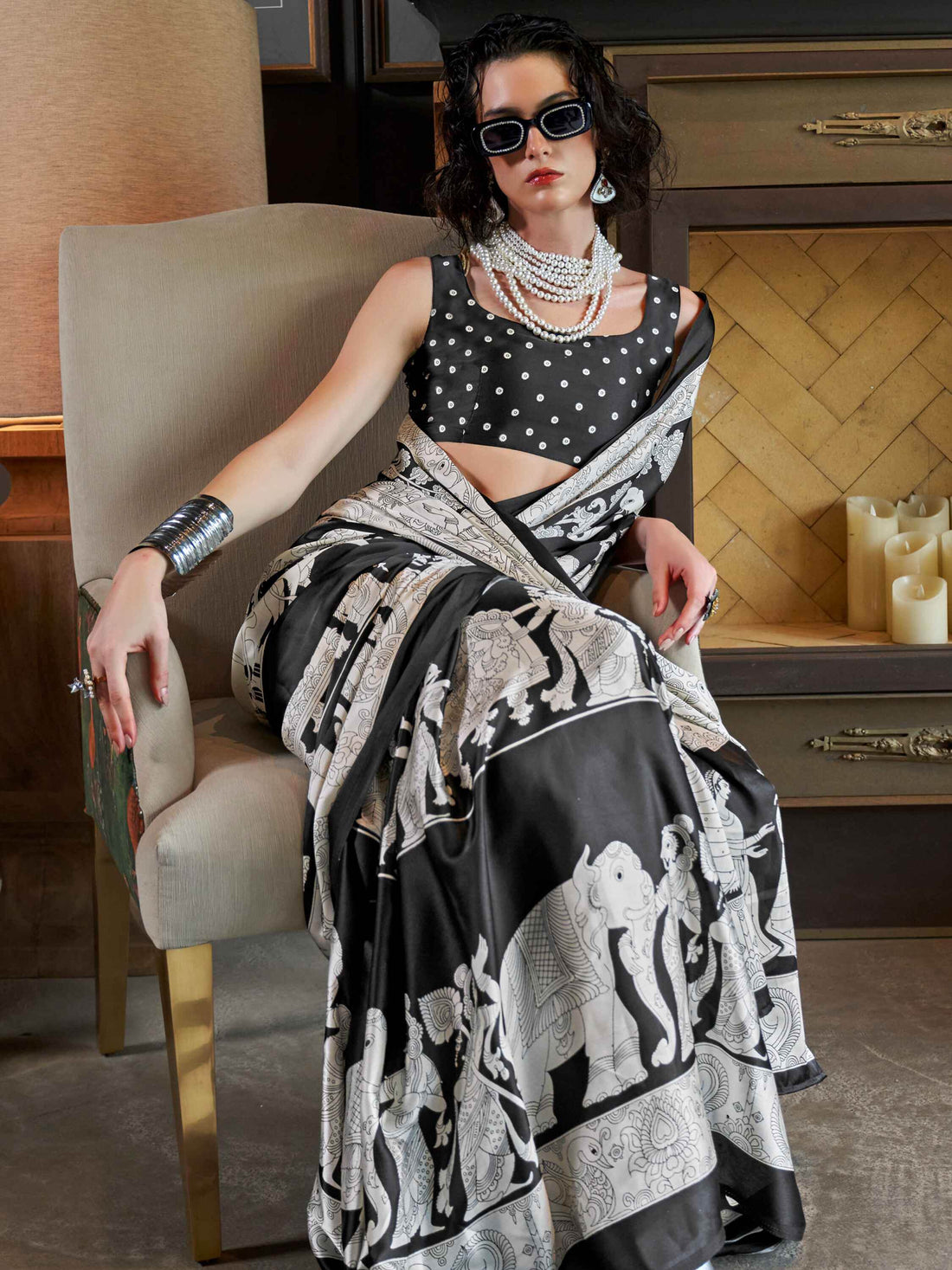 Alluring Black Kalamkari Print Satin Traditional Saree With Blouse - Zeel Clothing