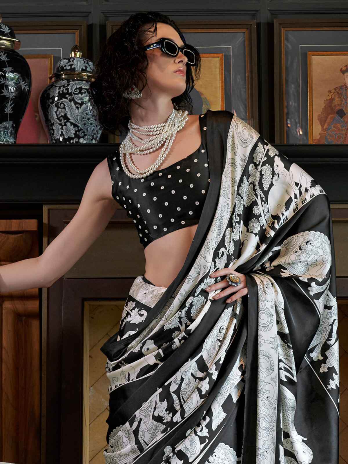 Alluring Black Kalamkari Print Satin Traditional Saree With Blouse - Zeel Clothing