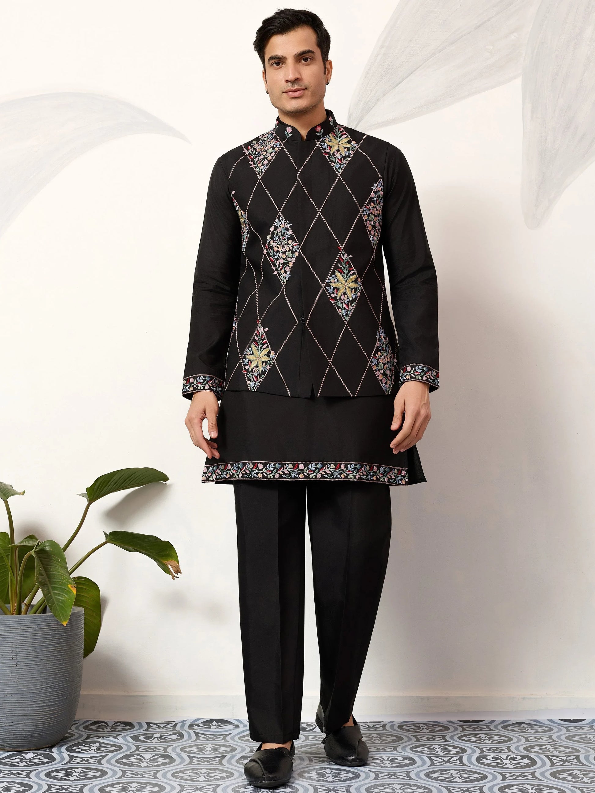 Alluring Black Multi Thread Work Viscose Silk Wedding Wear Men's Kurta Set With Jacket