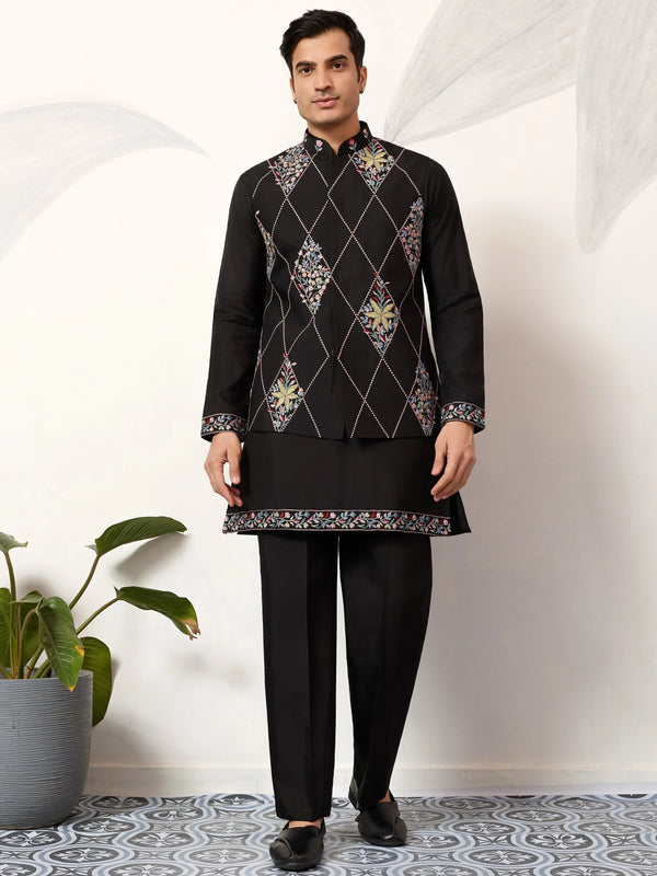 Alluring Black Multi Thread Work Viscose Silk Wedding Wear Men's Kurta Set With Jacket