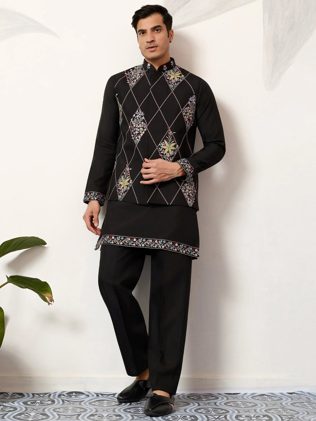 Alluring Black Multi Thread Work Viscose Silk Wedding Wear Men's Kurta Set With Jacket