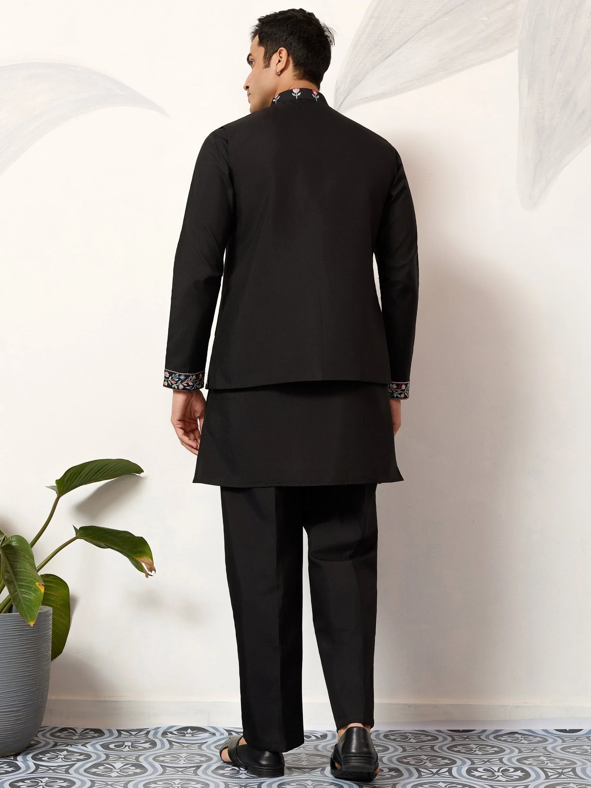 Alluring Black Multi Thread Work Viscose Silk Wedding Wear Men's Kurta Set With Jacket