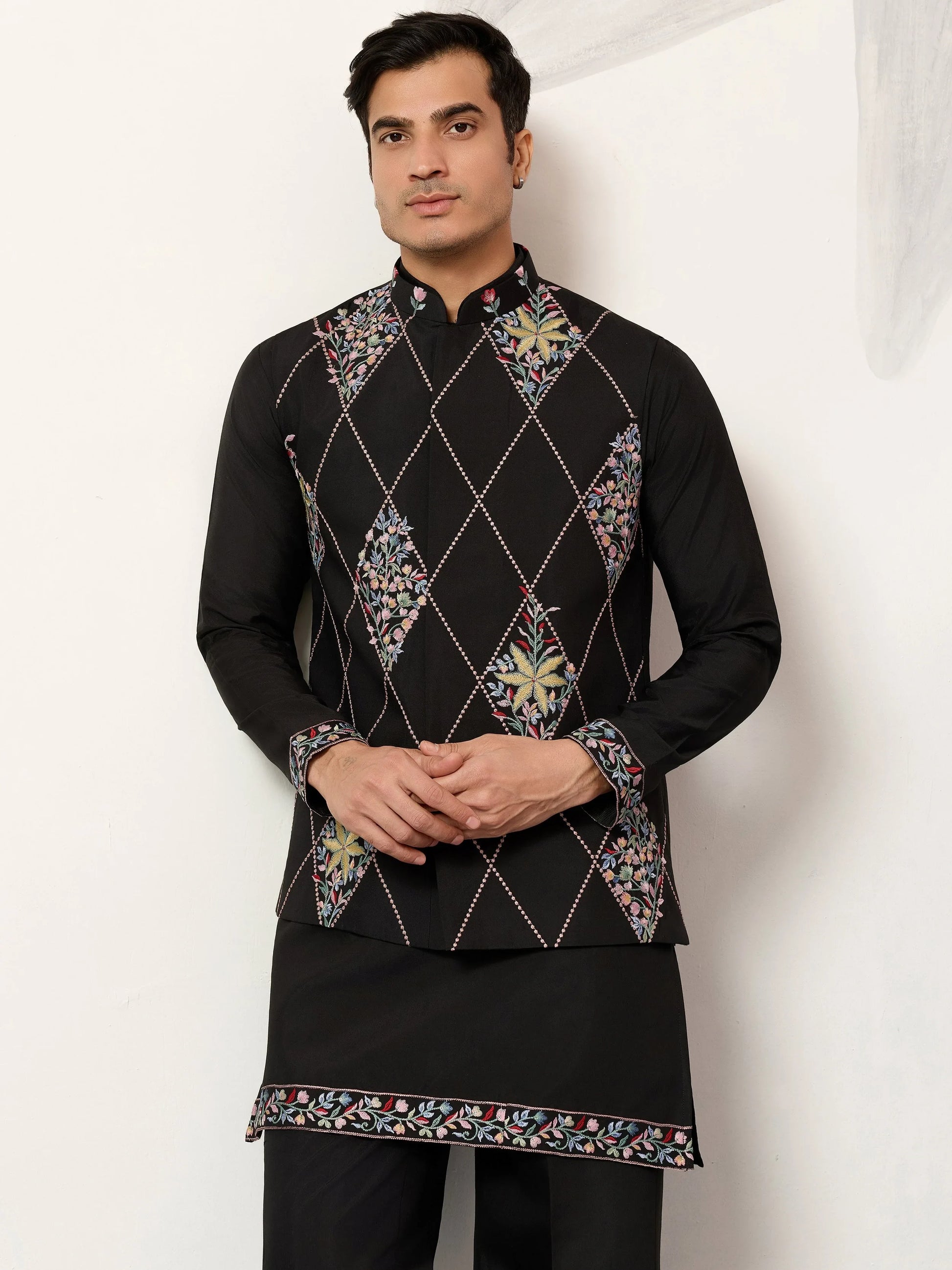 Alluring Black Multi Thread Work Viscose Silk Wedding Wear Men's Kurta Set With Jacket