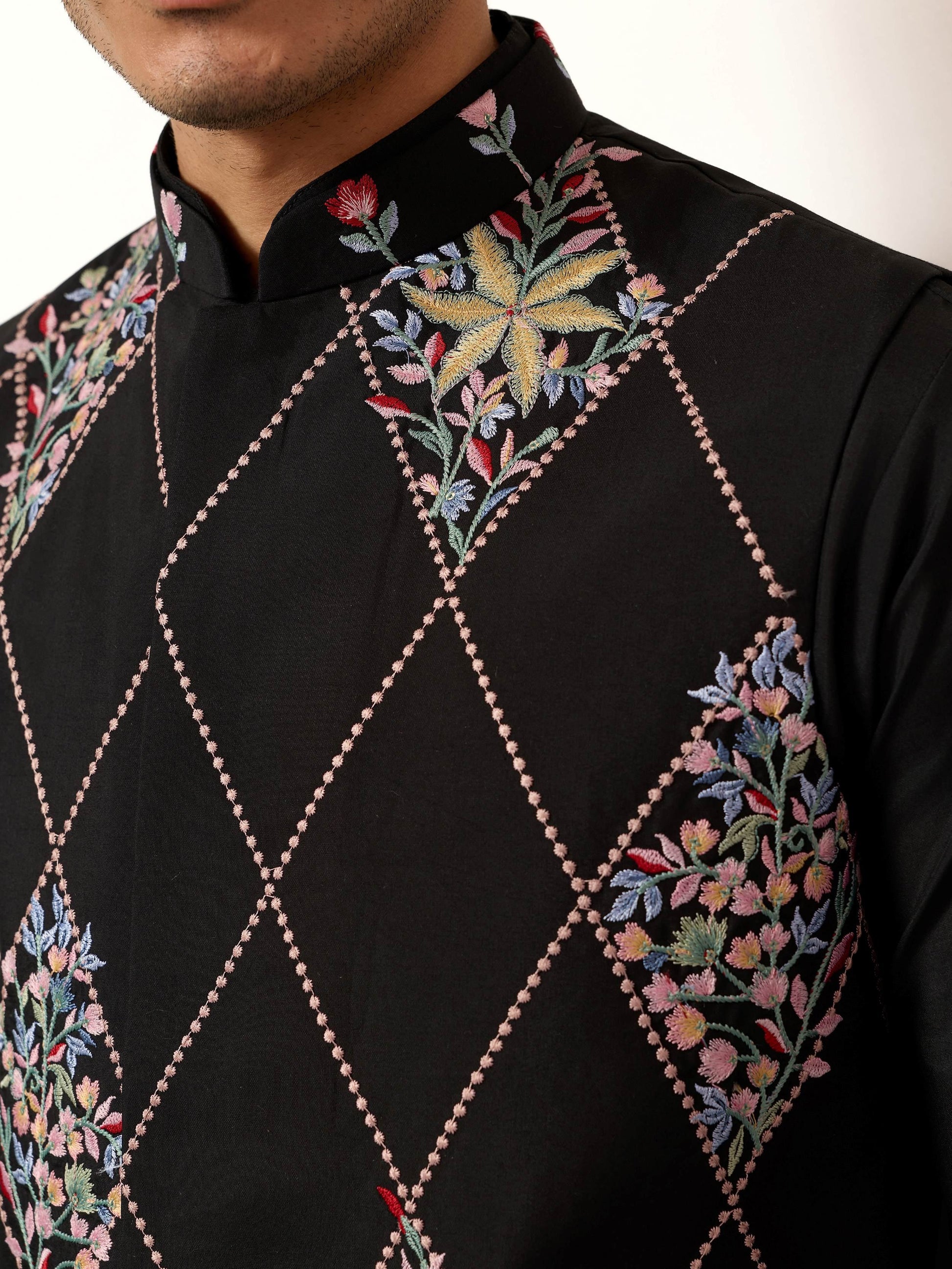 Alluring Black Multi Thread Work Viscose Silk Wedding Wear Men's Kurta Set With Jacket