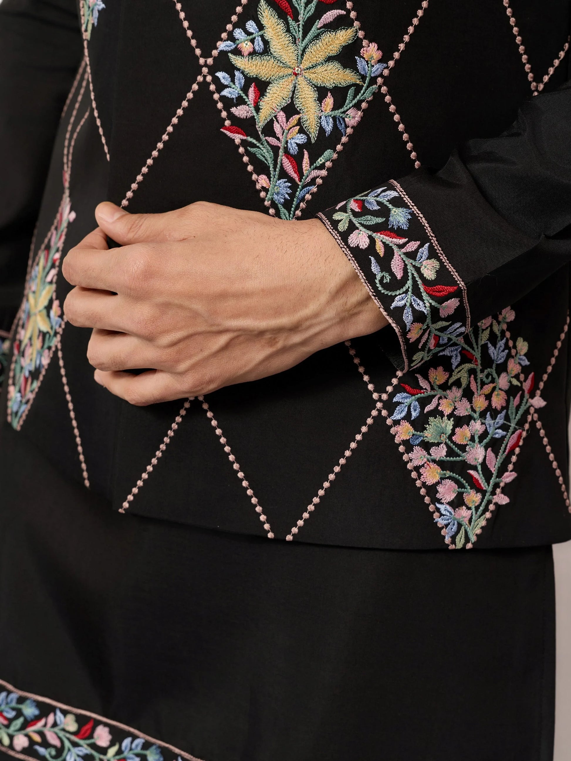 Alluring Black Multi Thread Work Viscose Silk Wedding Wear Men's Kurta Set With Jacket