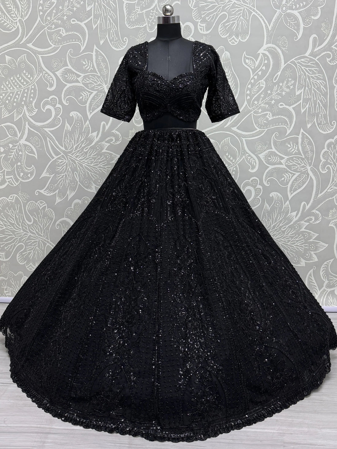 Alluring Black Pearl Work Net Reception Wear Lehenga Choli With Dupatta - Zeel Clothing