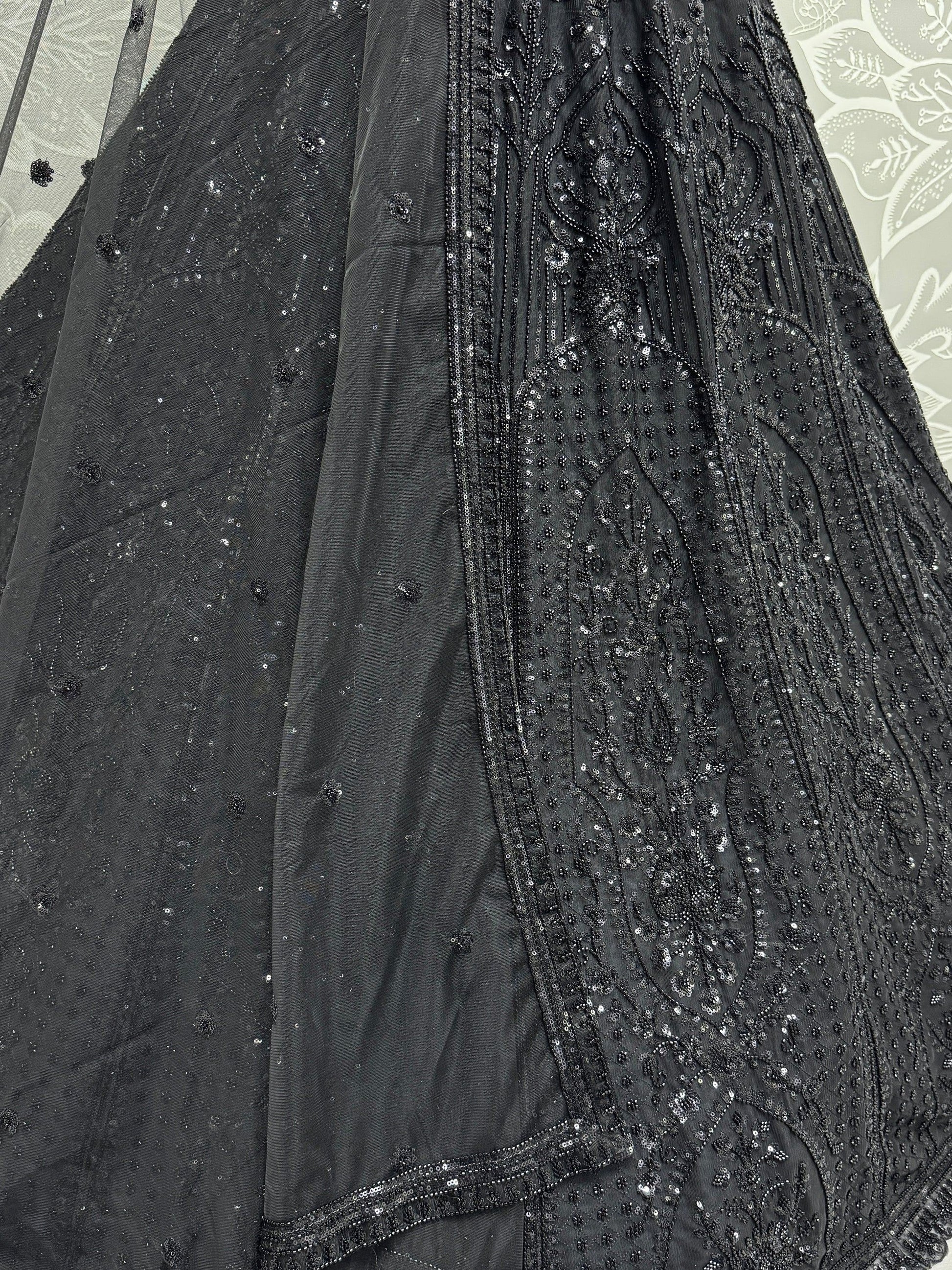 Alluring Black Pearl Work Net Reception Wear Lehenga Choli With Dupatta - Zeel Clothing