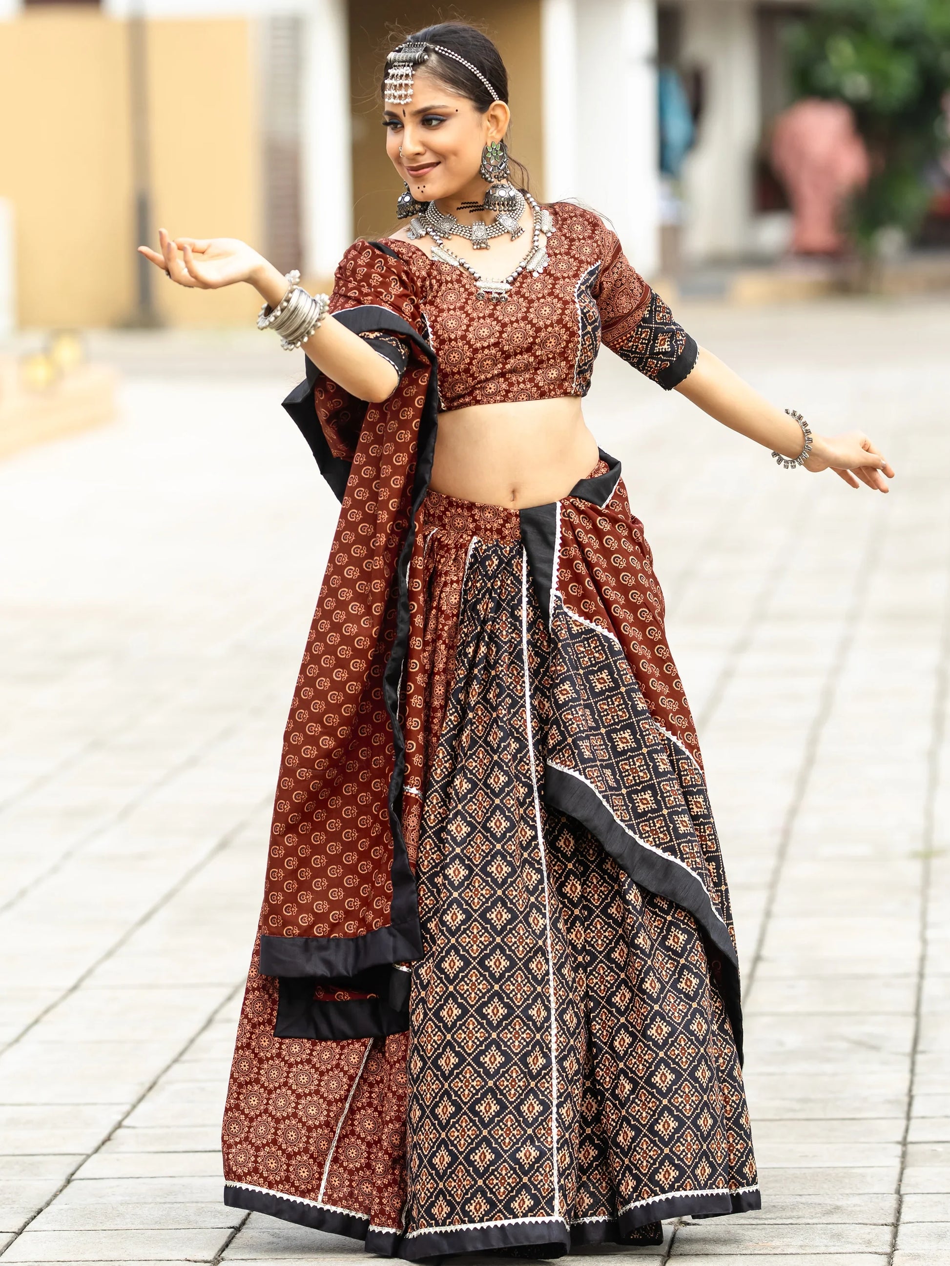 Alluring Black Printed Cotton Navratri Lehenga Choli With Dupatta - Zeel Clothing