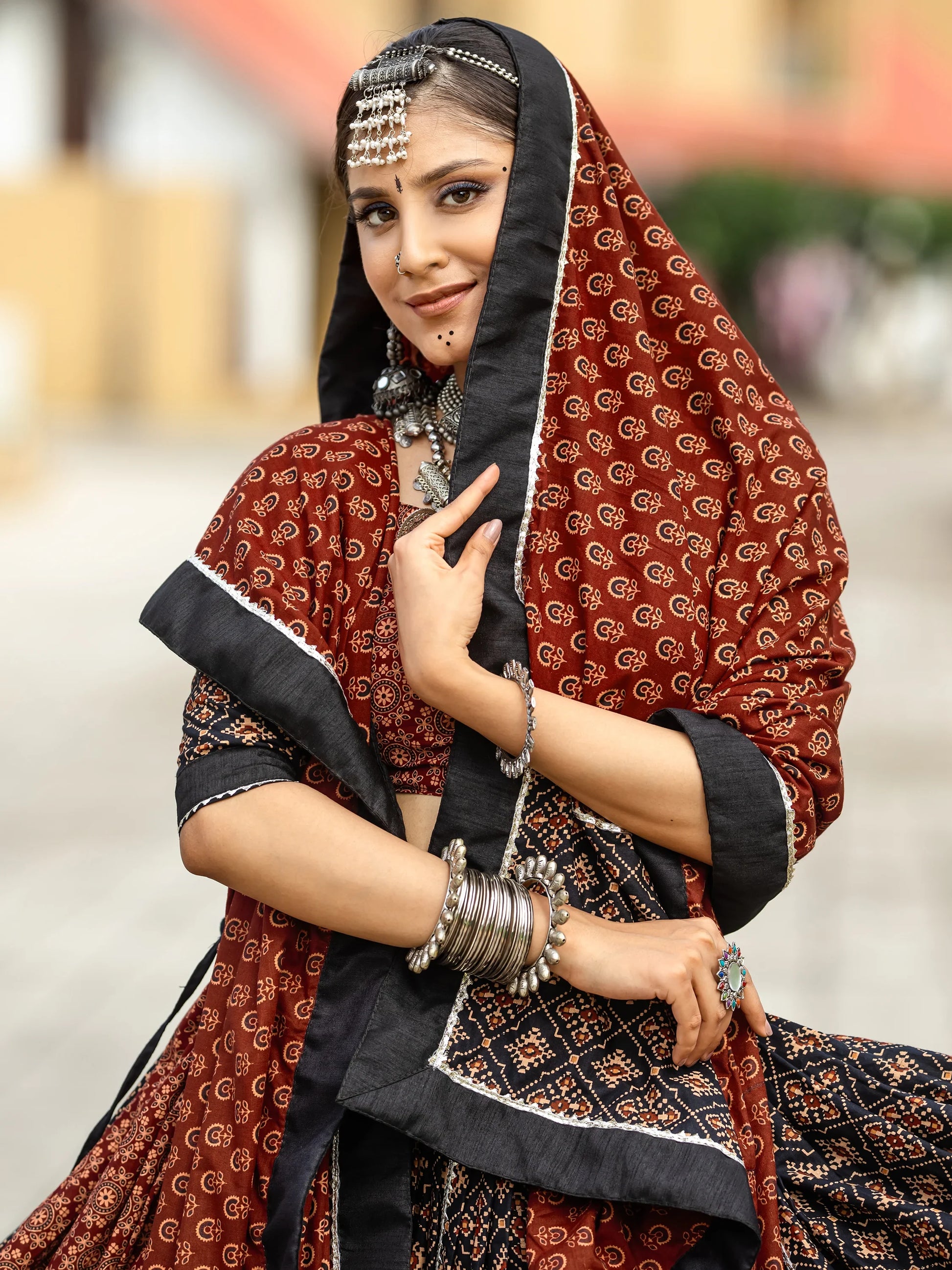 Alluring Black Printed Cotton Navratri Lehenga Choli With Dupatta - Zeel Clothing