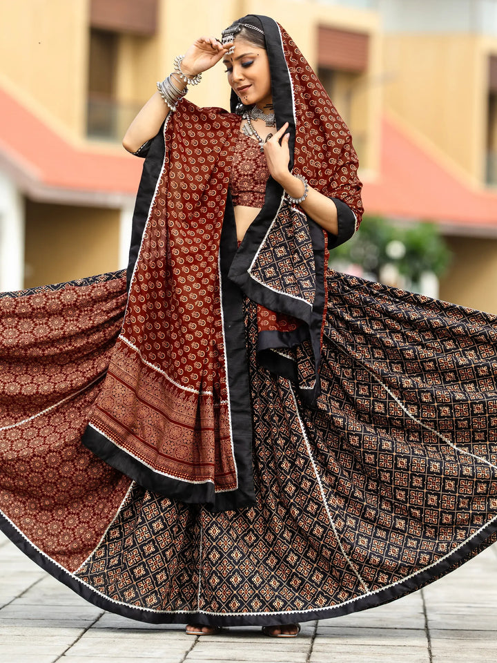 Alluring Black Printed Cotton Navratri Lehenga Choli With Dupatta - Zeel Clothing