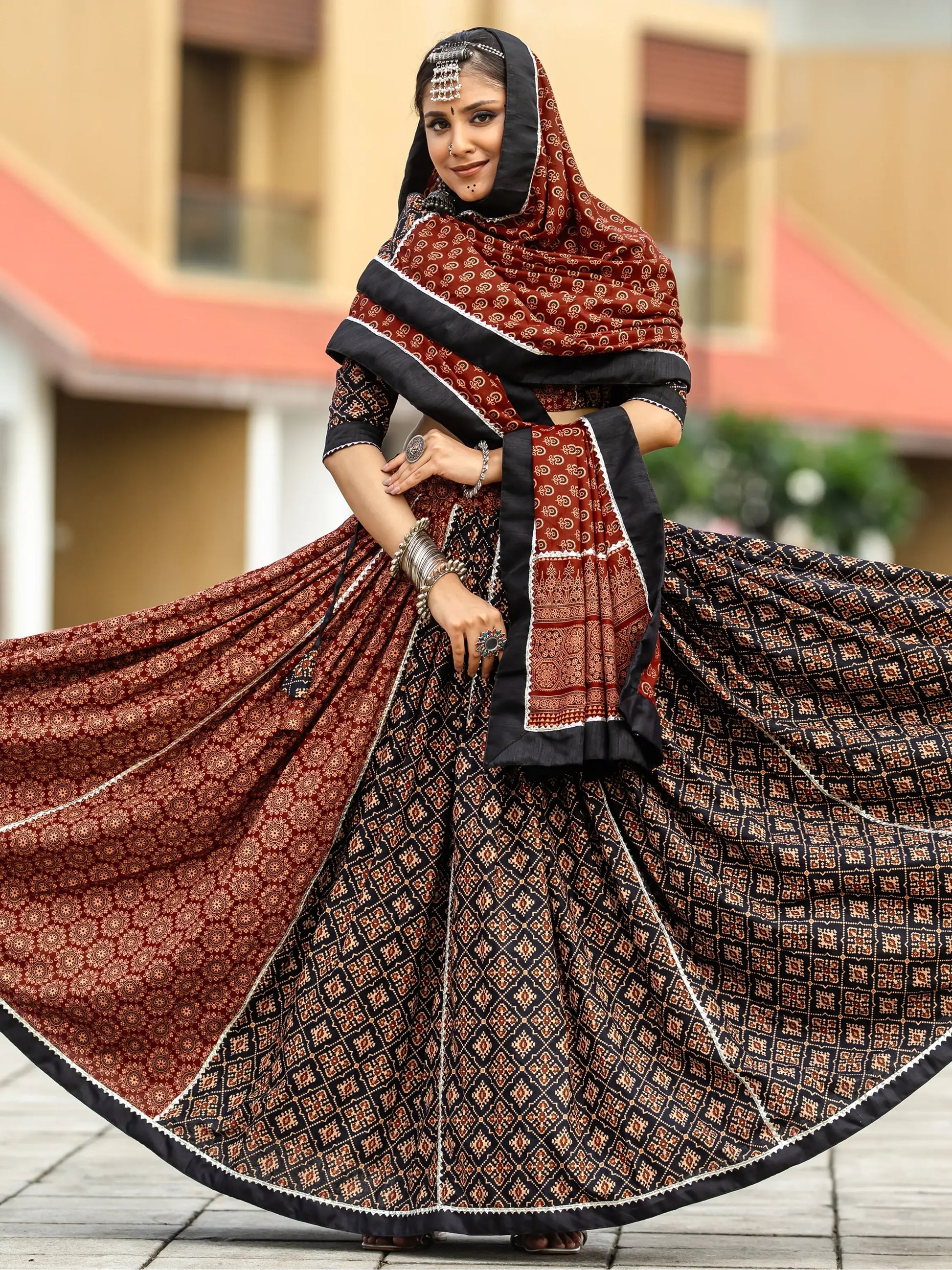 Alluring Black Printed Cotton Navratri Lehenga Choli With Dupatta - Zeel Clothing