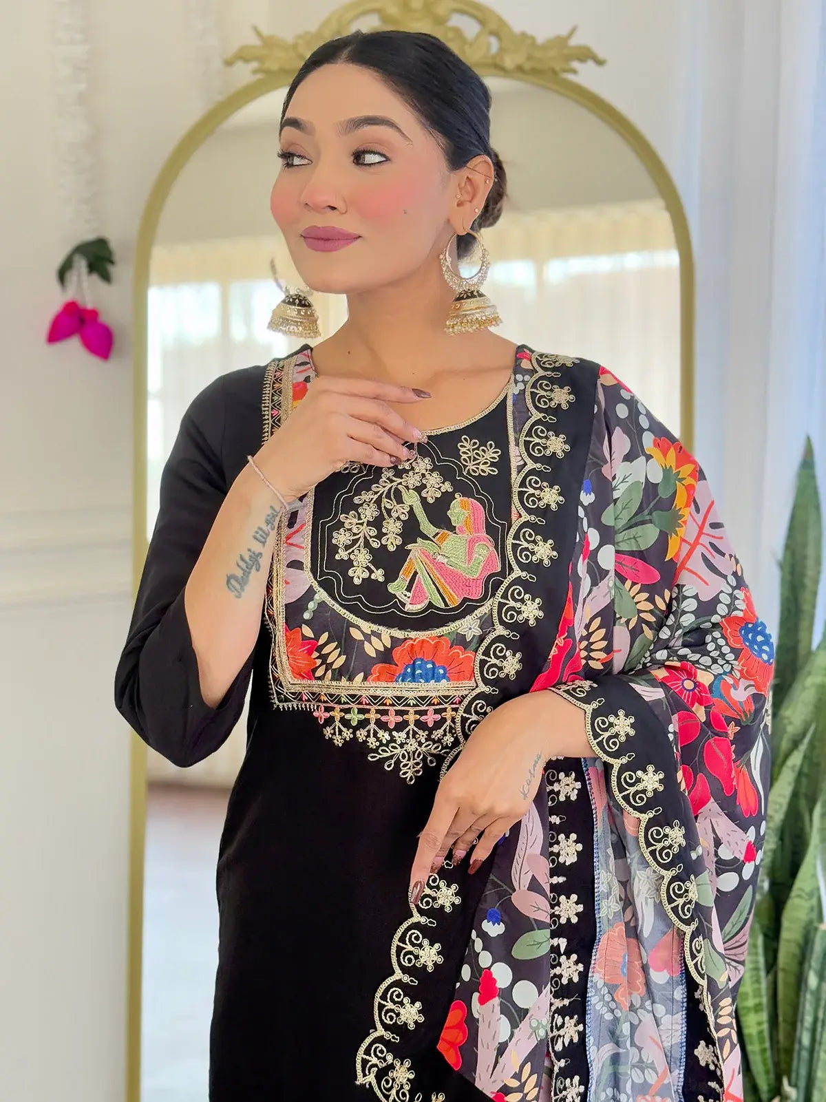 Alluring Black Sequins Chanderi Festive Wear Pant Suit With Printed Dupatta - Zeel Clothing