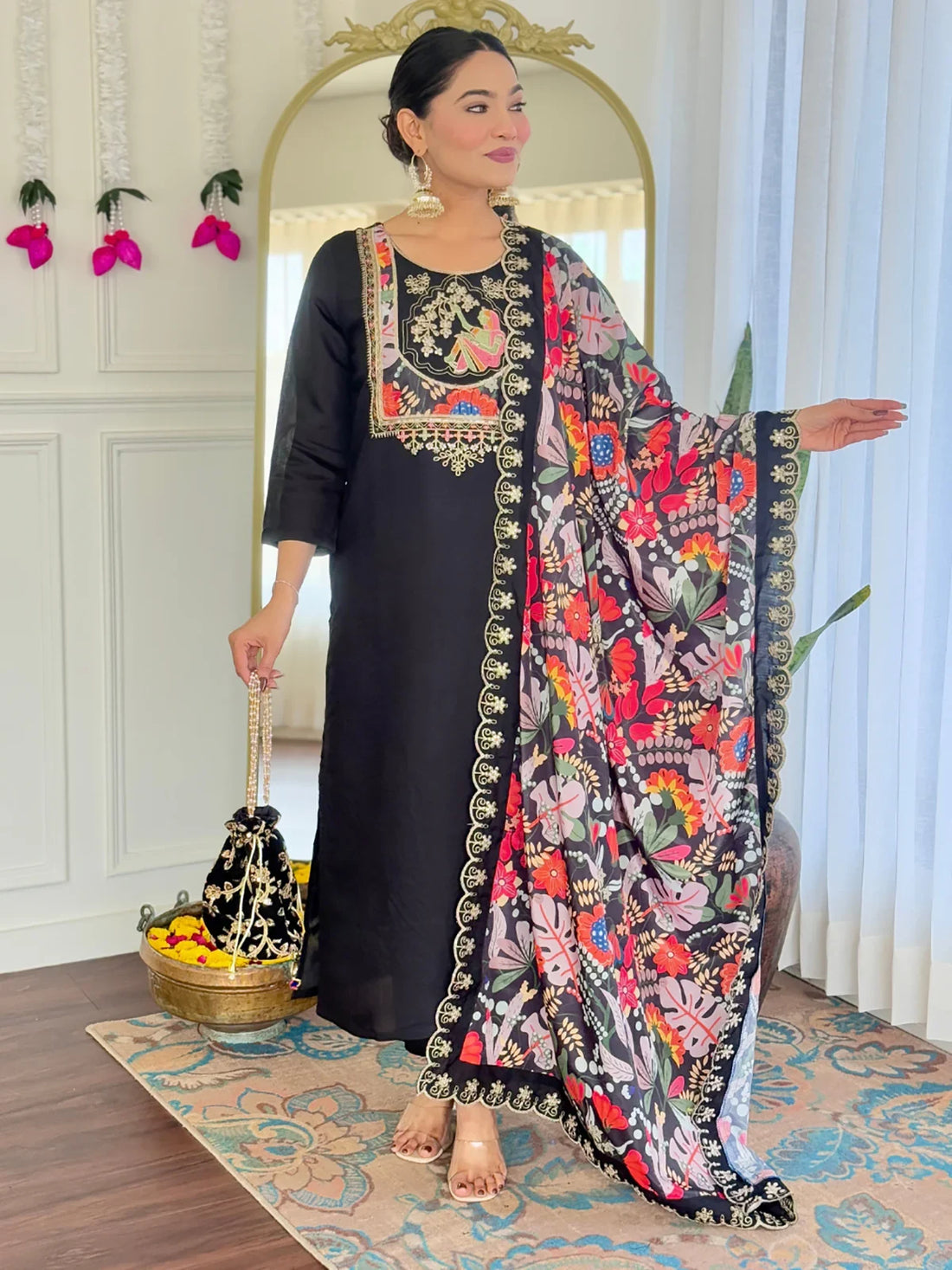 Alluring Black Sequins Chanderi Festive Wear Pant Suit With Printed Dupatta - Zeel Clothing