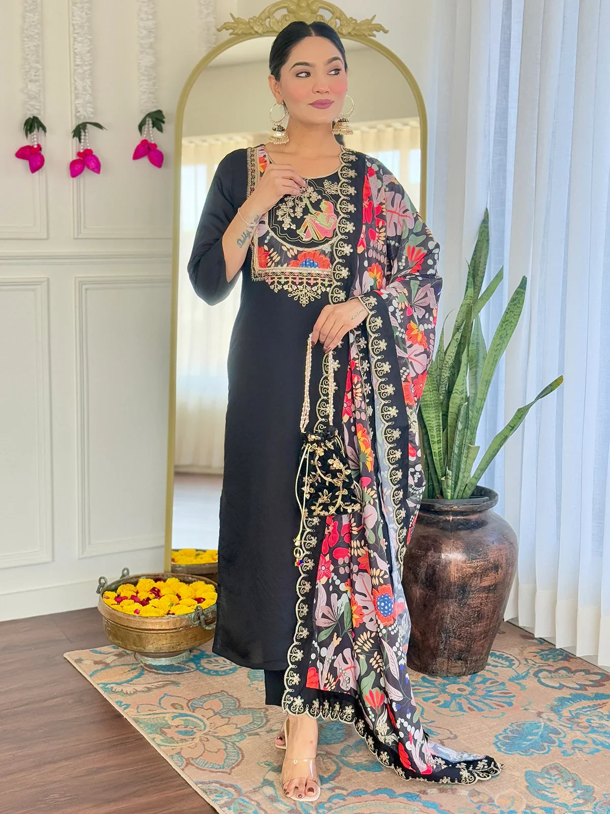 Alluring Black Sequins Chanderi Festive Wear Pant Suit With Printed Dupatta - Zeel Clothing