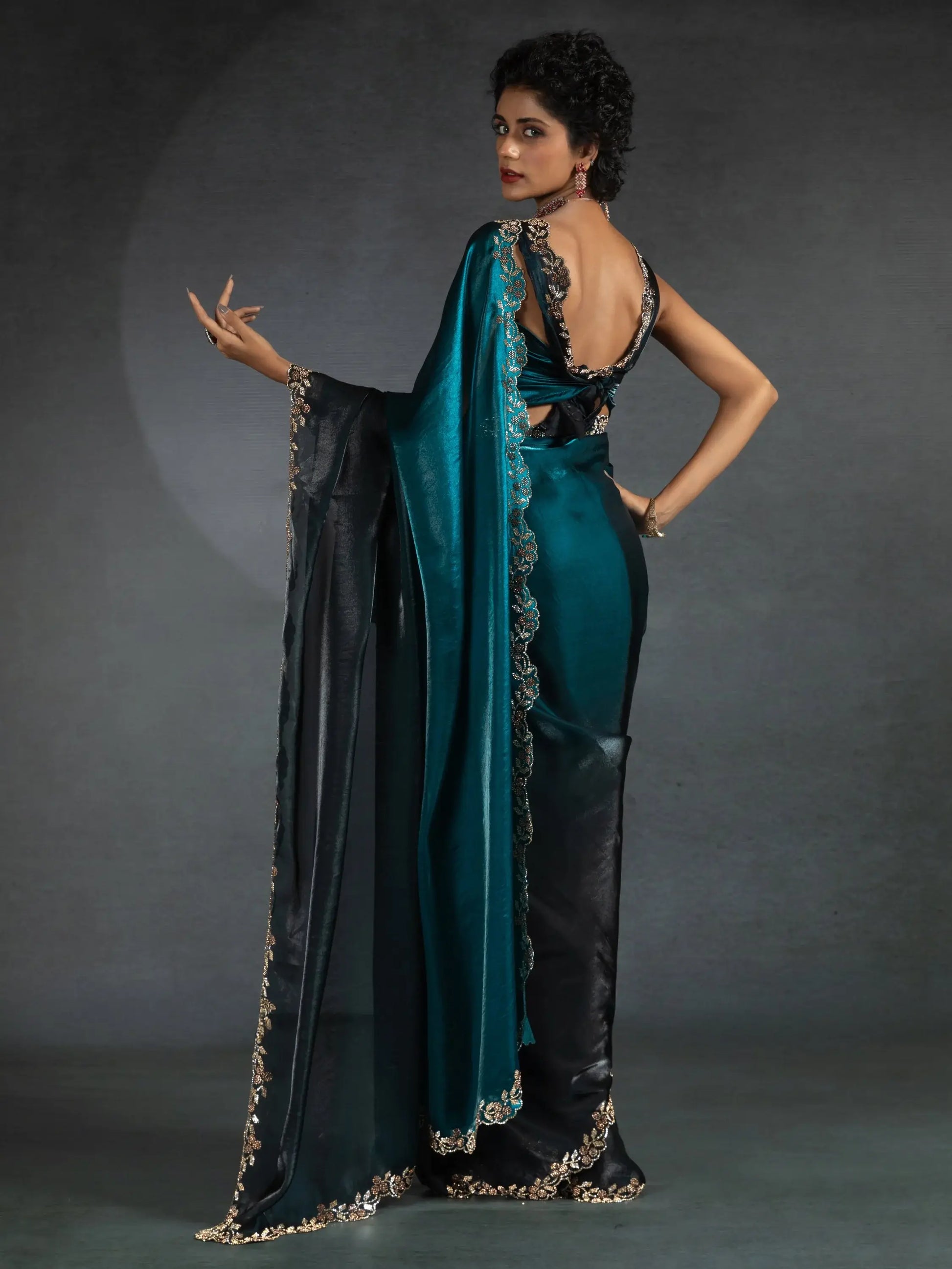 Alluring Blue Border Work Satin Bollywood Saree With Blouse - Zeel Clothing