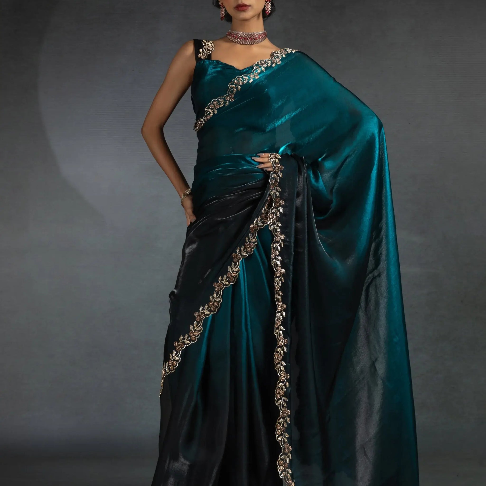 Alluring Blue Border Work Satin Bollywood Saree With Blouse - Zeel Clothing