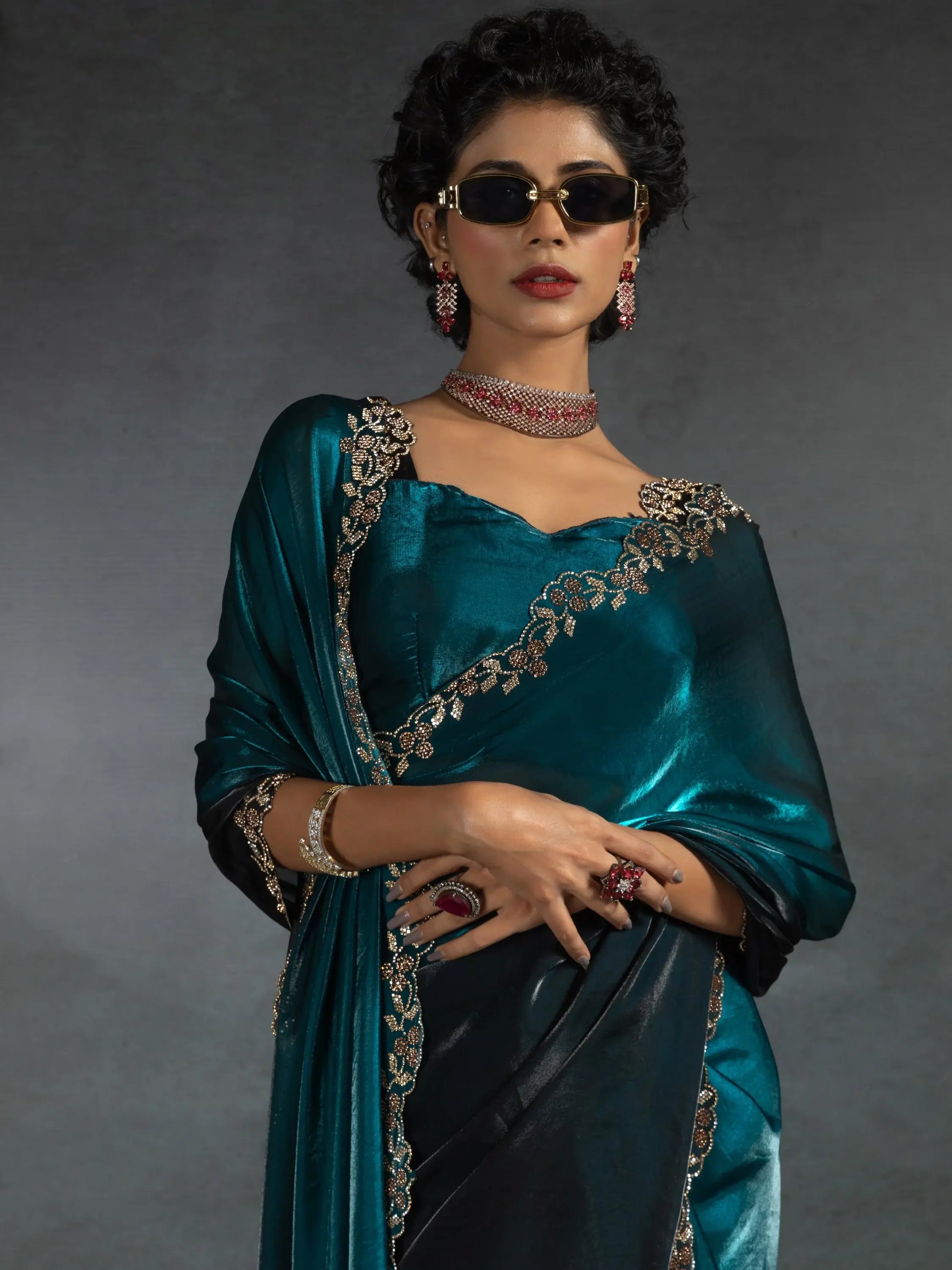 Alluring Blue Border Work Satin Bollywood Saree With Blouse - Zeel Clothing