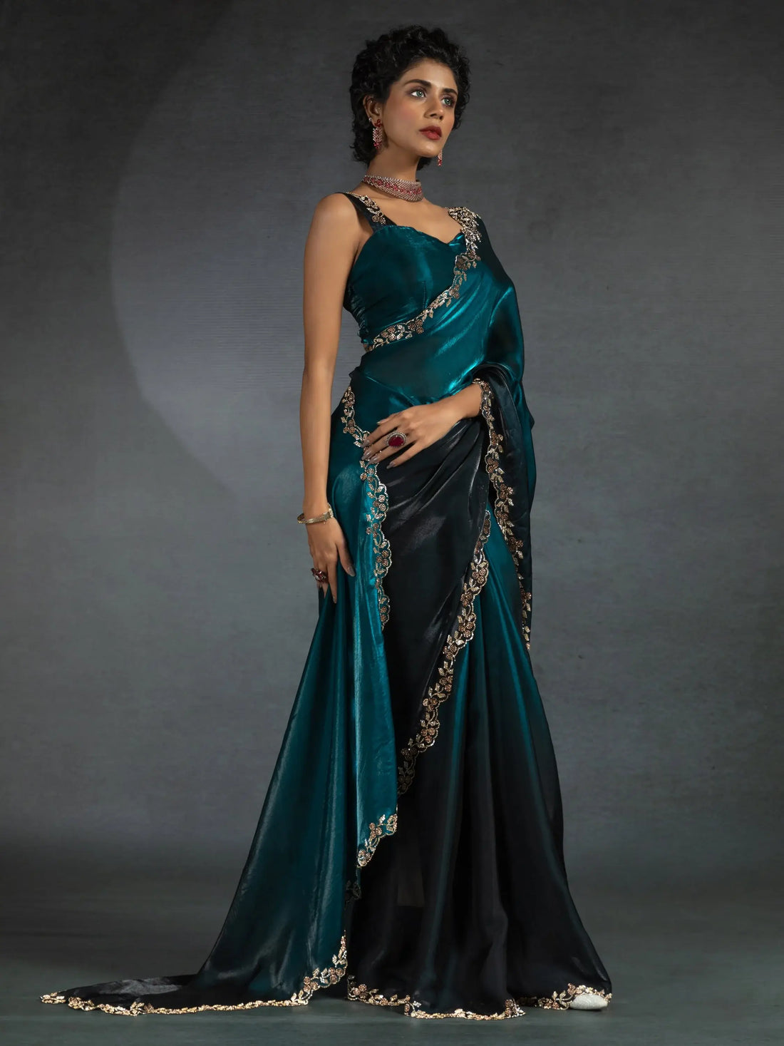 Alluring Blue Border Work Satin Bollywood Saree With Blouse - Zeel Clothing