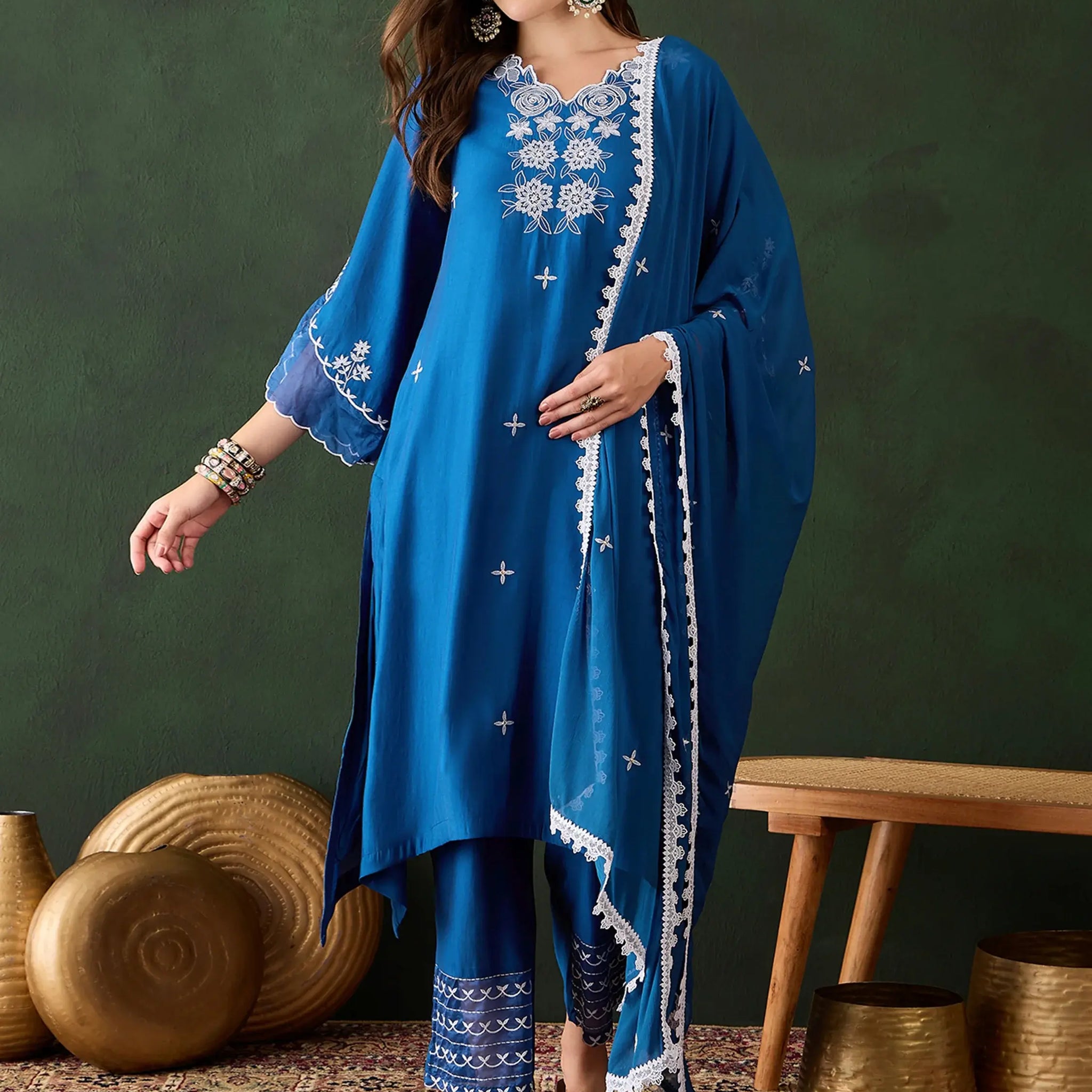Alluring Blue Chanderi Embroidered Kurta Trouser With Dupatta - Zeel Clothing