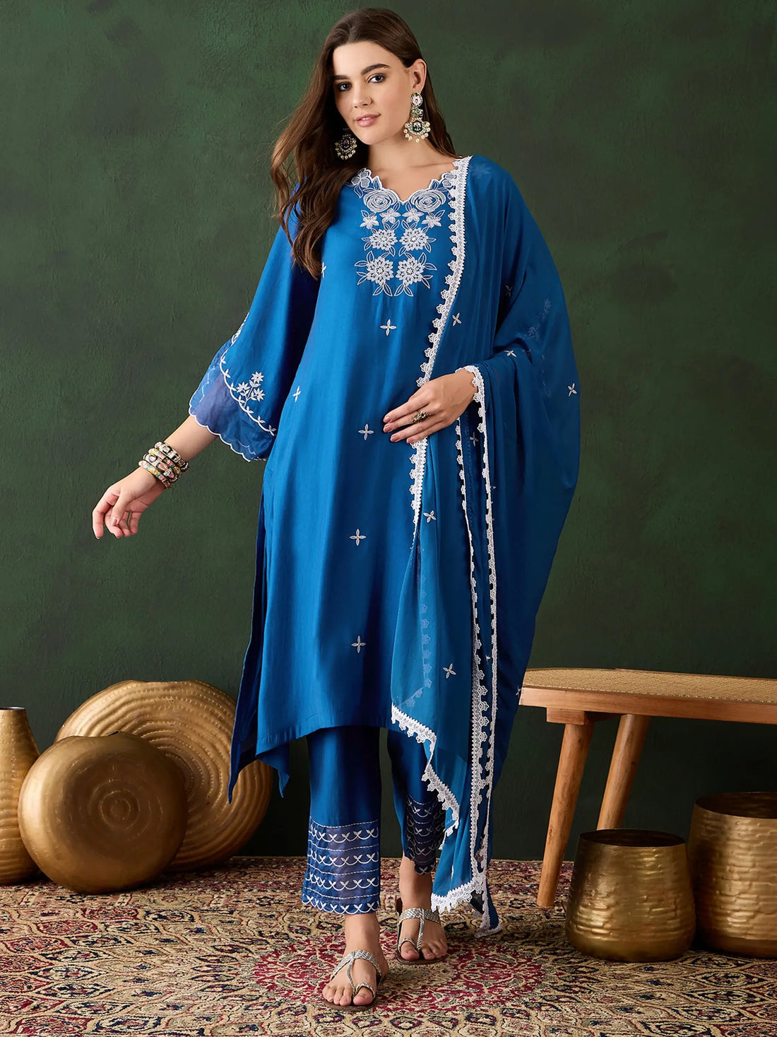 Alluring Blue Chanderi Embroidered Kurta Trouser With Dupatta - Zeel Clothing