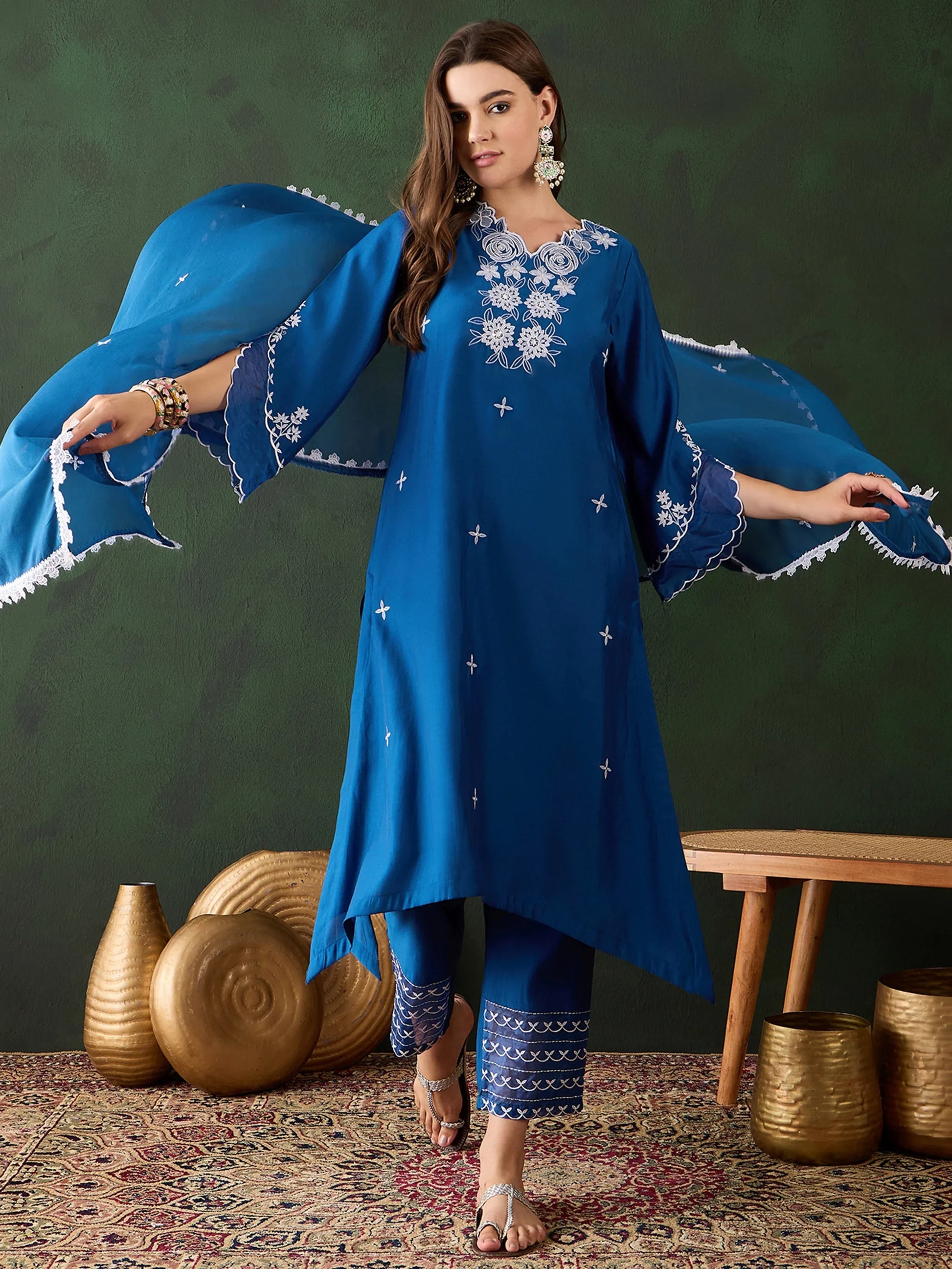 Alluring Blue Chanderi Embroidered Kurta Trouser With Dupatta - Zeel Clothing