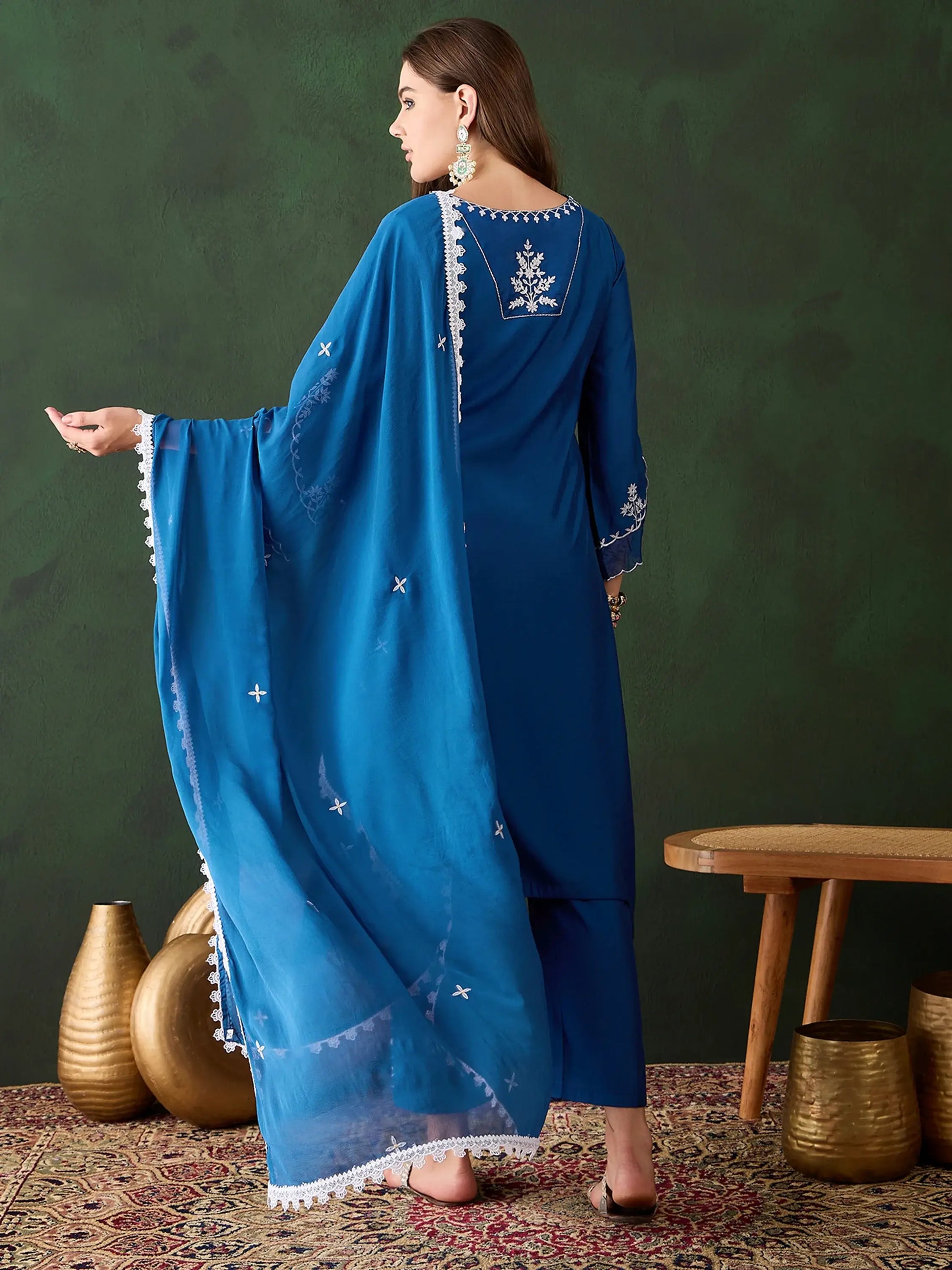 Alluring Blue Chanderi Embroidered Kurta Trouser With Dupatta - Zeel Clothing