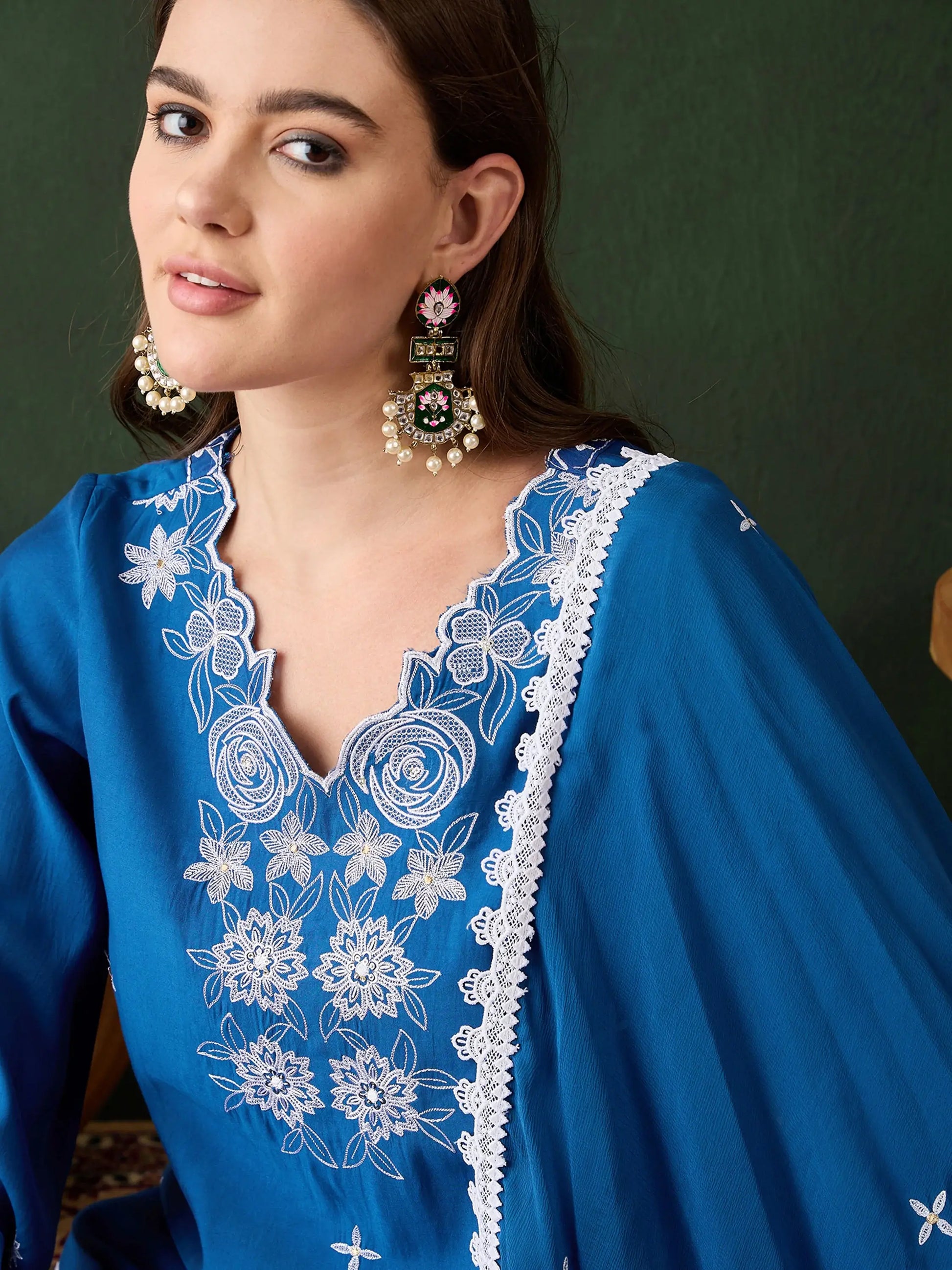 Alluring Blue Chanderi Embroidered Kurta Trouser With Dupatta - Zeel Clothing