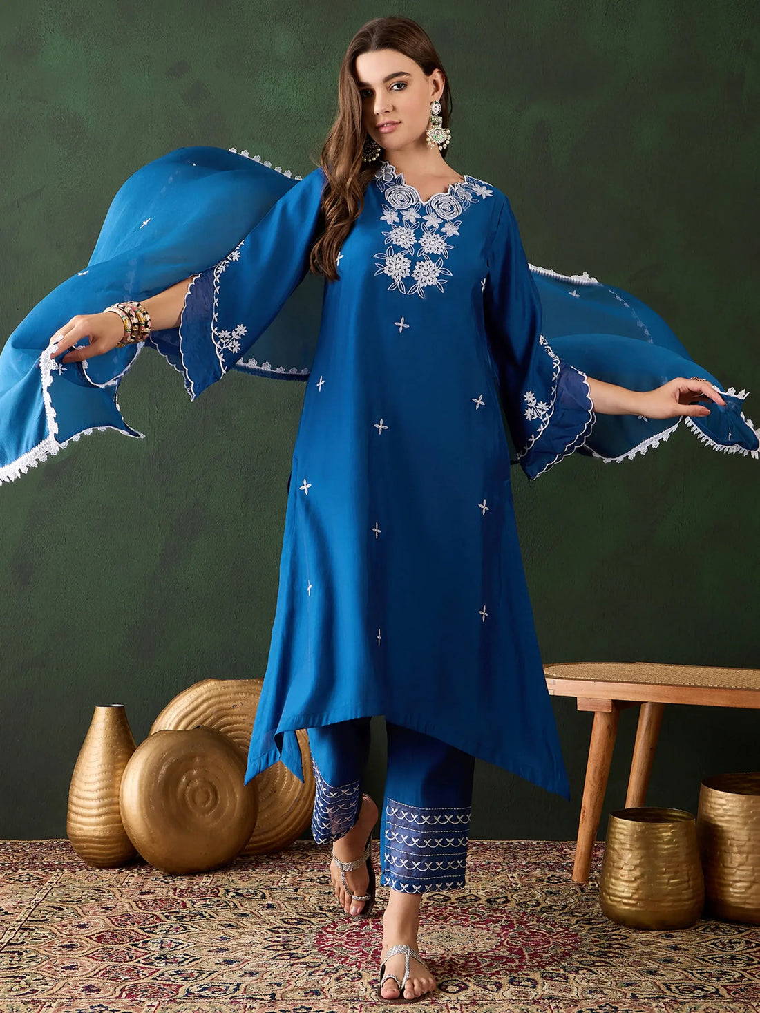Alluring Blue Chanderi Embroidered Kurta Trouser With Dupatta - Zeel Clothing