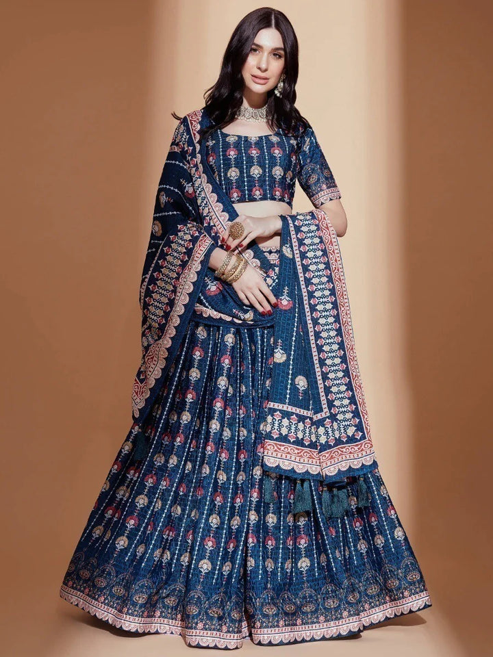 Alluring Blue Digital Print Chinon Engagement Wear Lehenga Choli