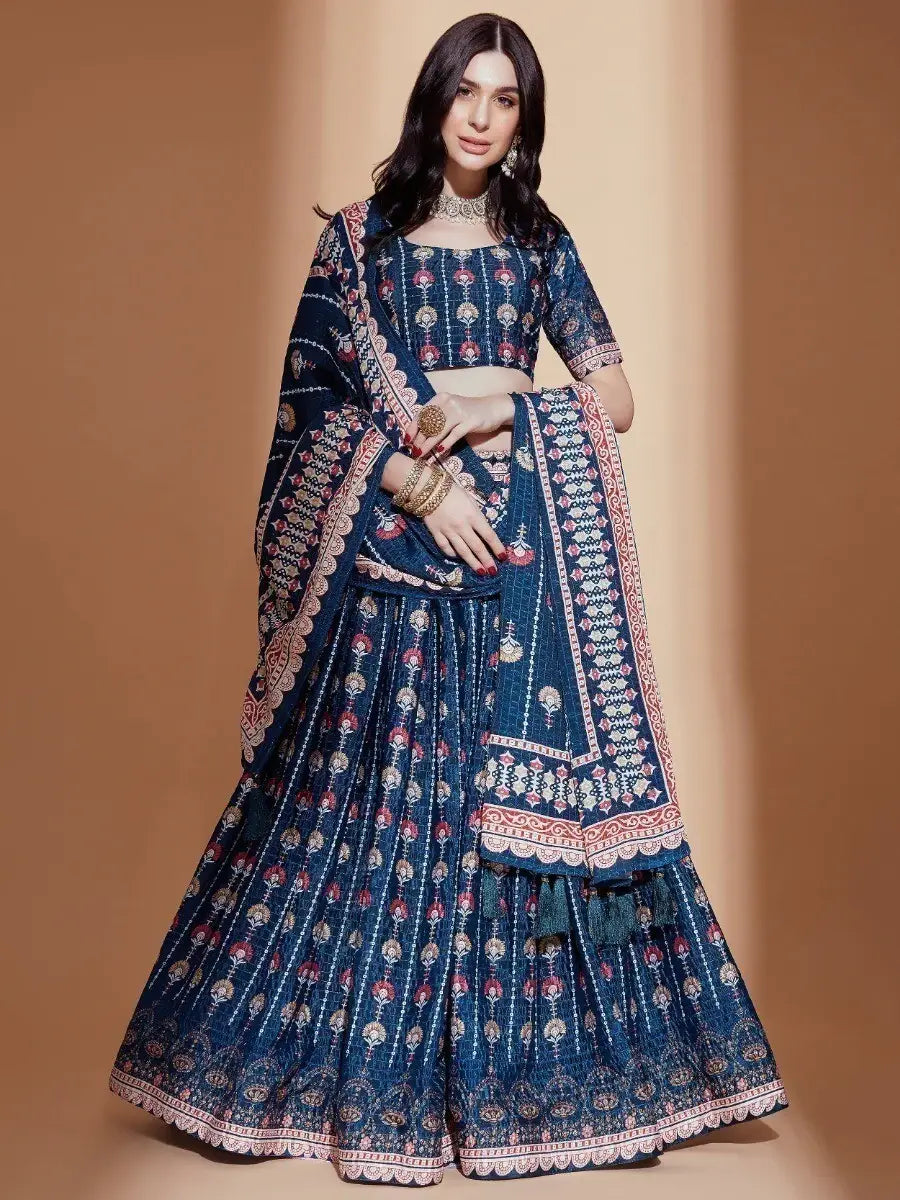 Alluring Blue Digital Print Chinon Engagement Wear Lehenga Choli - Zeel Clothing
