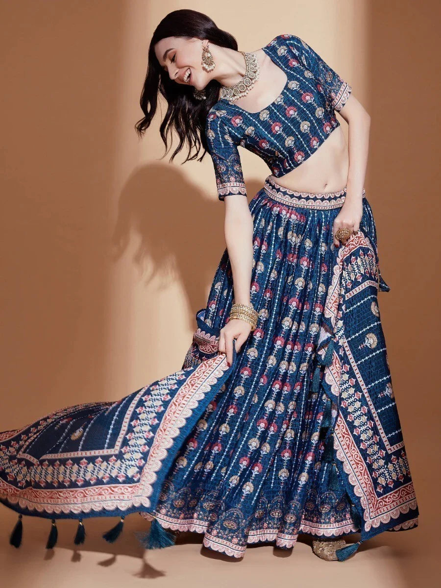 Alluring Blue Digital Print Chinon Engagement Wear Lehenga Choli