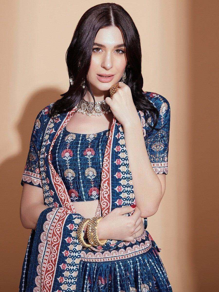 Alluring Blue Digital Print Chinon Engagement Wear Lehenga Choli - Zeel Clothing