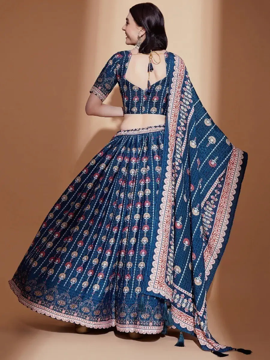 Alluring Blue Digital Print Chinon Engagement Wear Lehenga Choli - Zeel Clothing