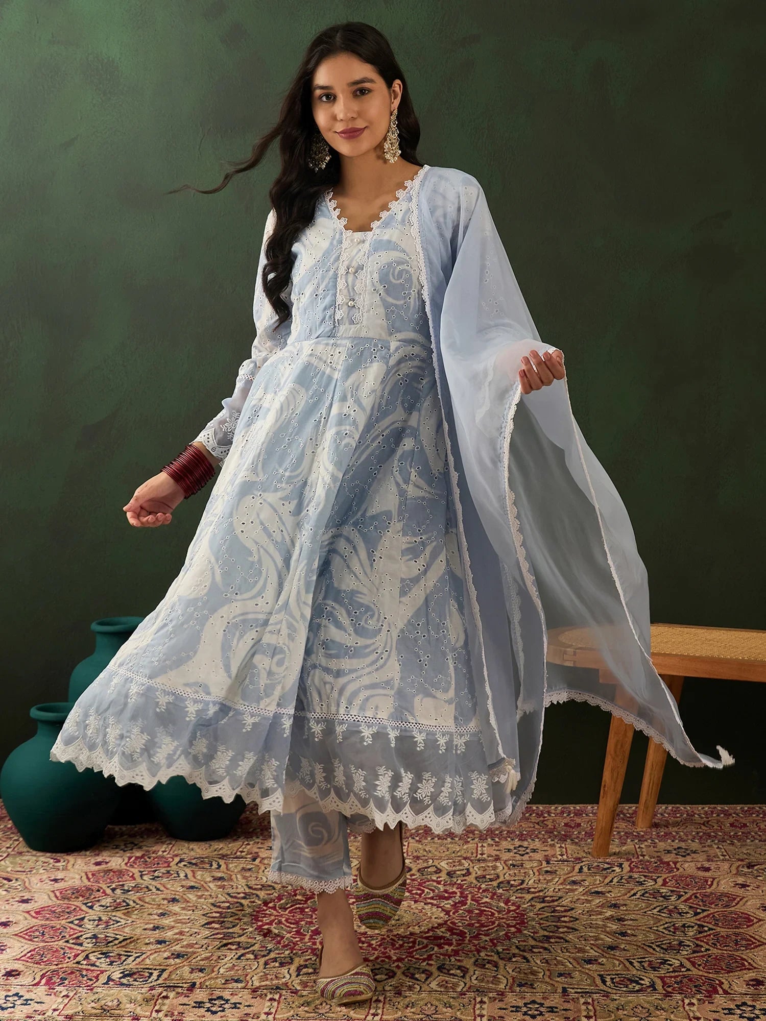 Alluring Blue Embroidered Cotton Readymade Anarkali Suit Pant - Zeel Clothing